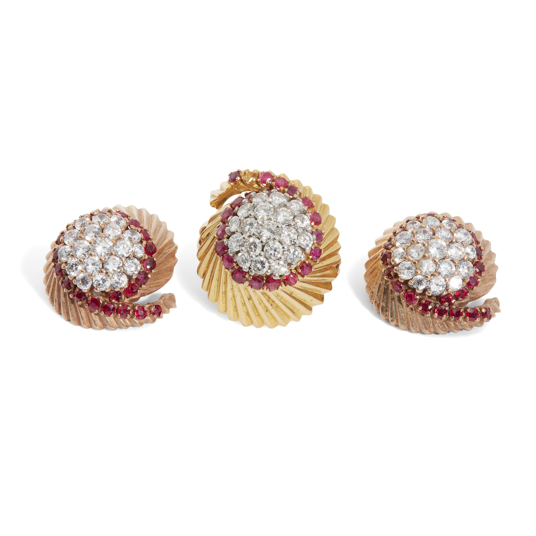 A mid-century diamond and ruby ring and matching earrings