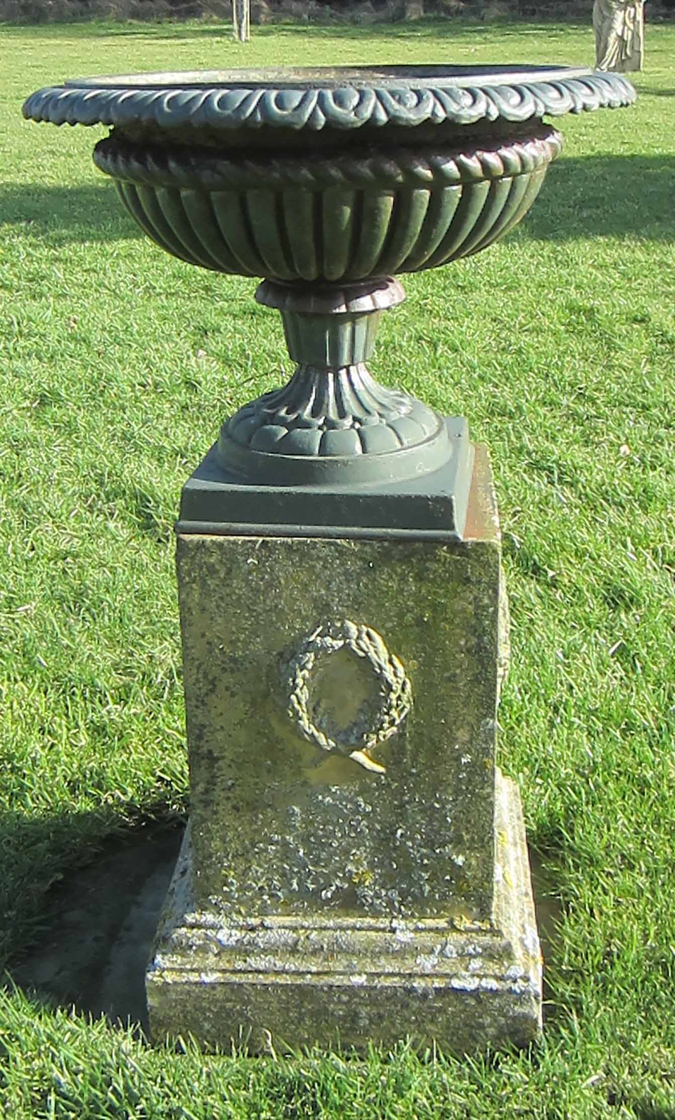 CAST IRON GARDEN URN AND FIRE CLAY PLINTH