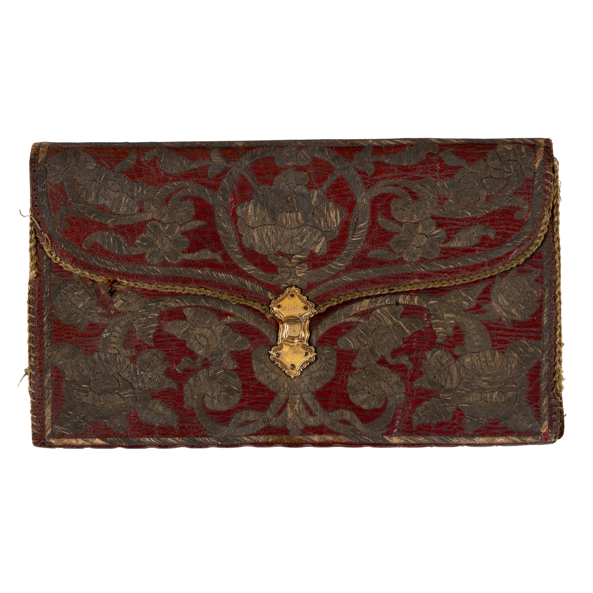 AN OTTOMAN SILVER AND METAL-THREAD EMBROIDERED LEATHER WALLET