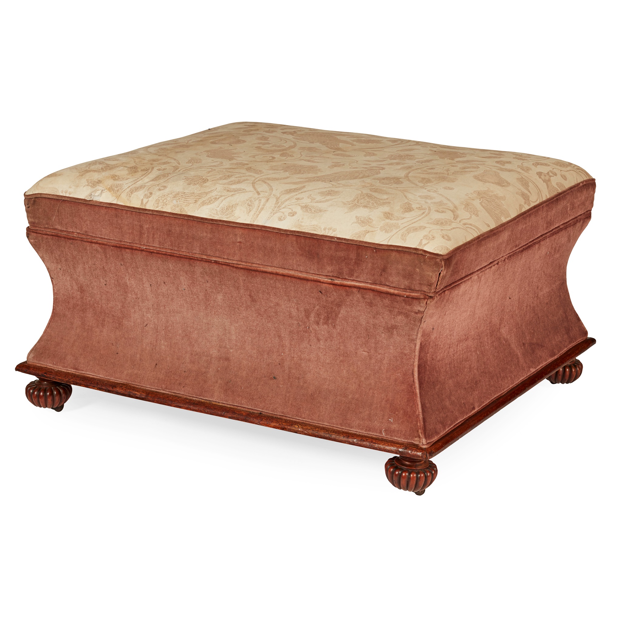 EARLY VICTORIAN OAK FRAMED UPHOLSTERED OTTOMAN