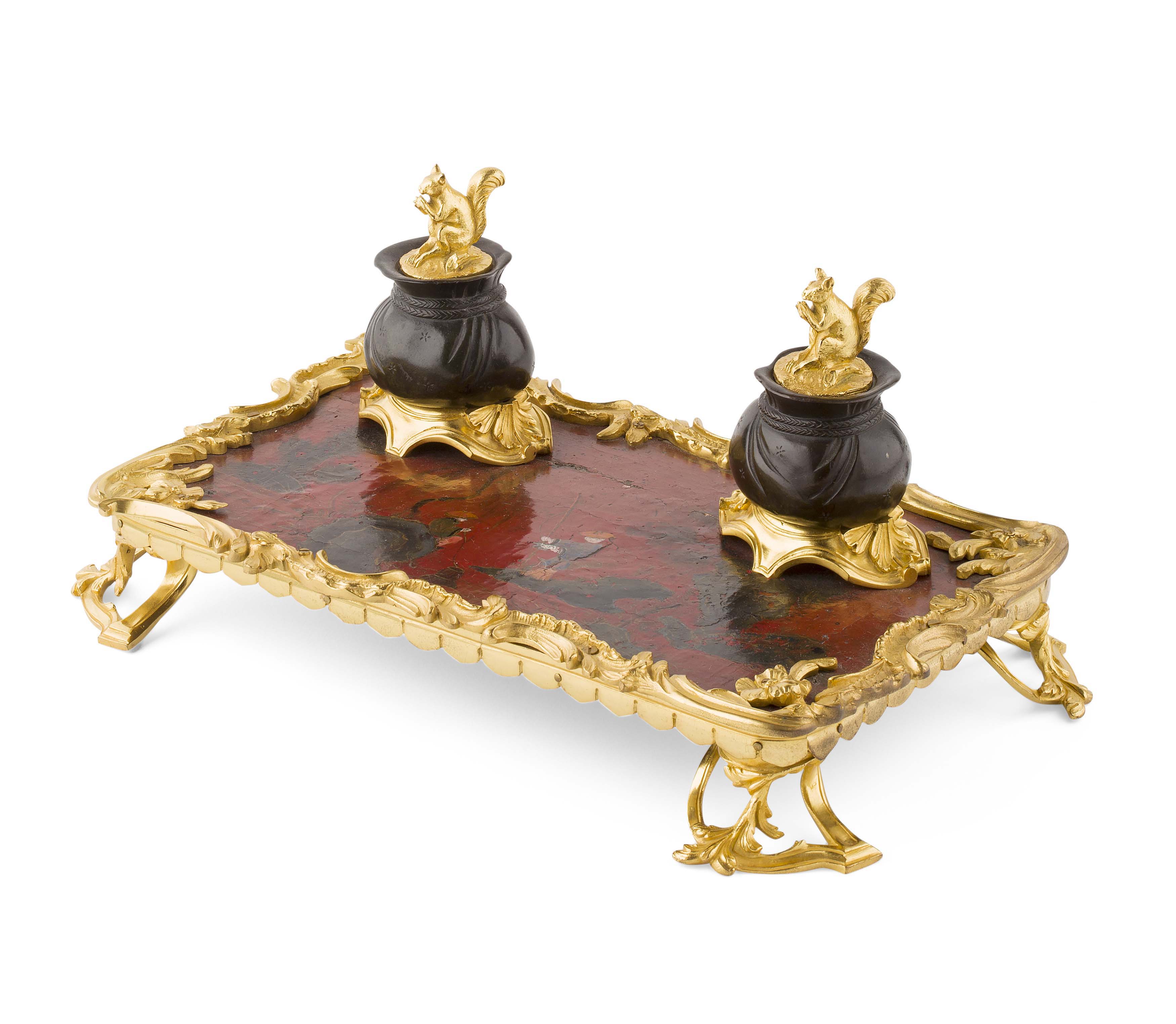 LOUIS XV STYLE LACQUER AND GILT BRONZE MOUNTED INKSTAND