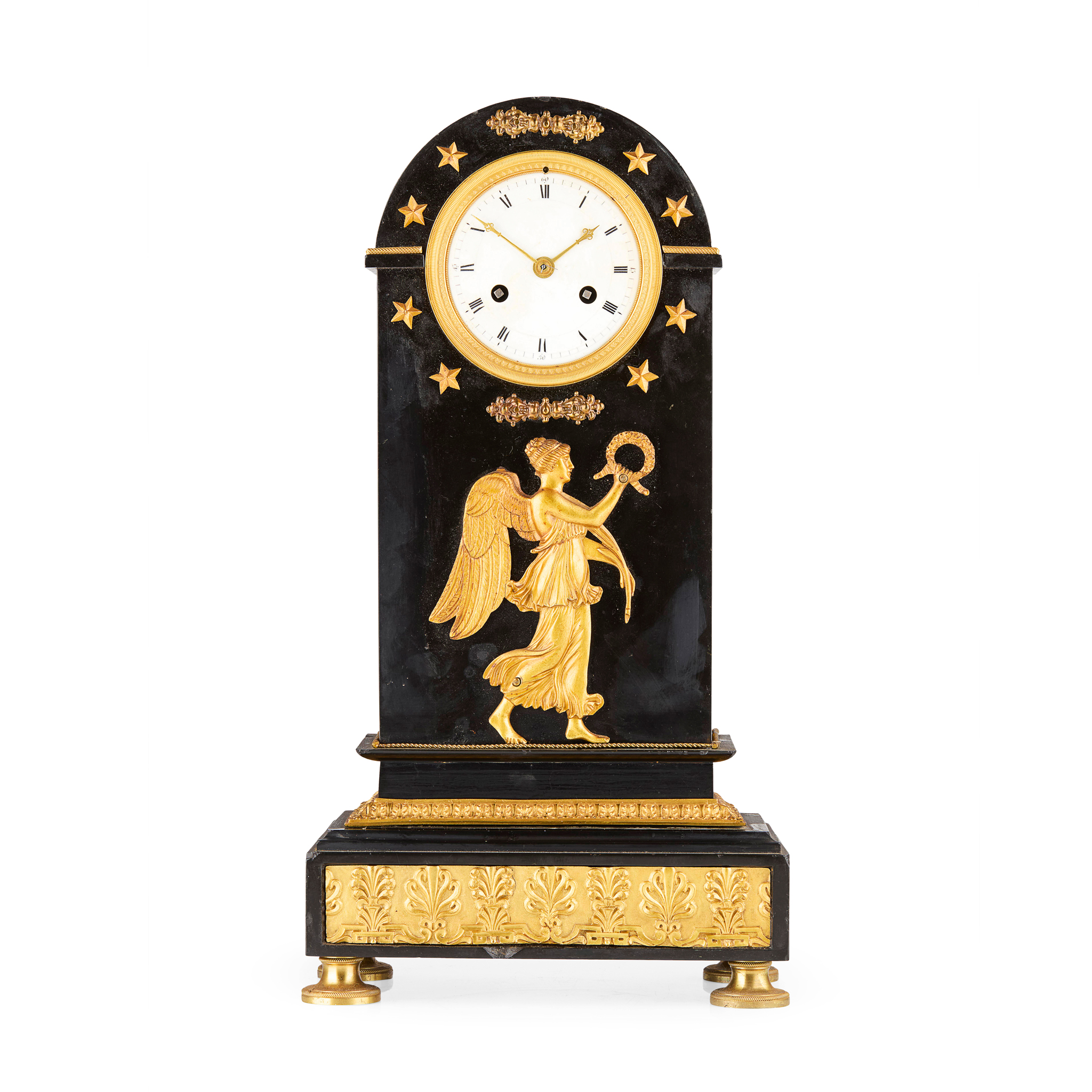 FRENCH EMPIRE GILT METAL MOUNTED BLACK MARBLE MANTEL CLOCK