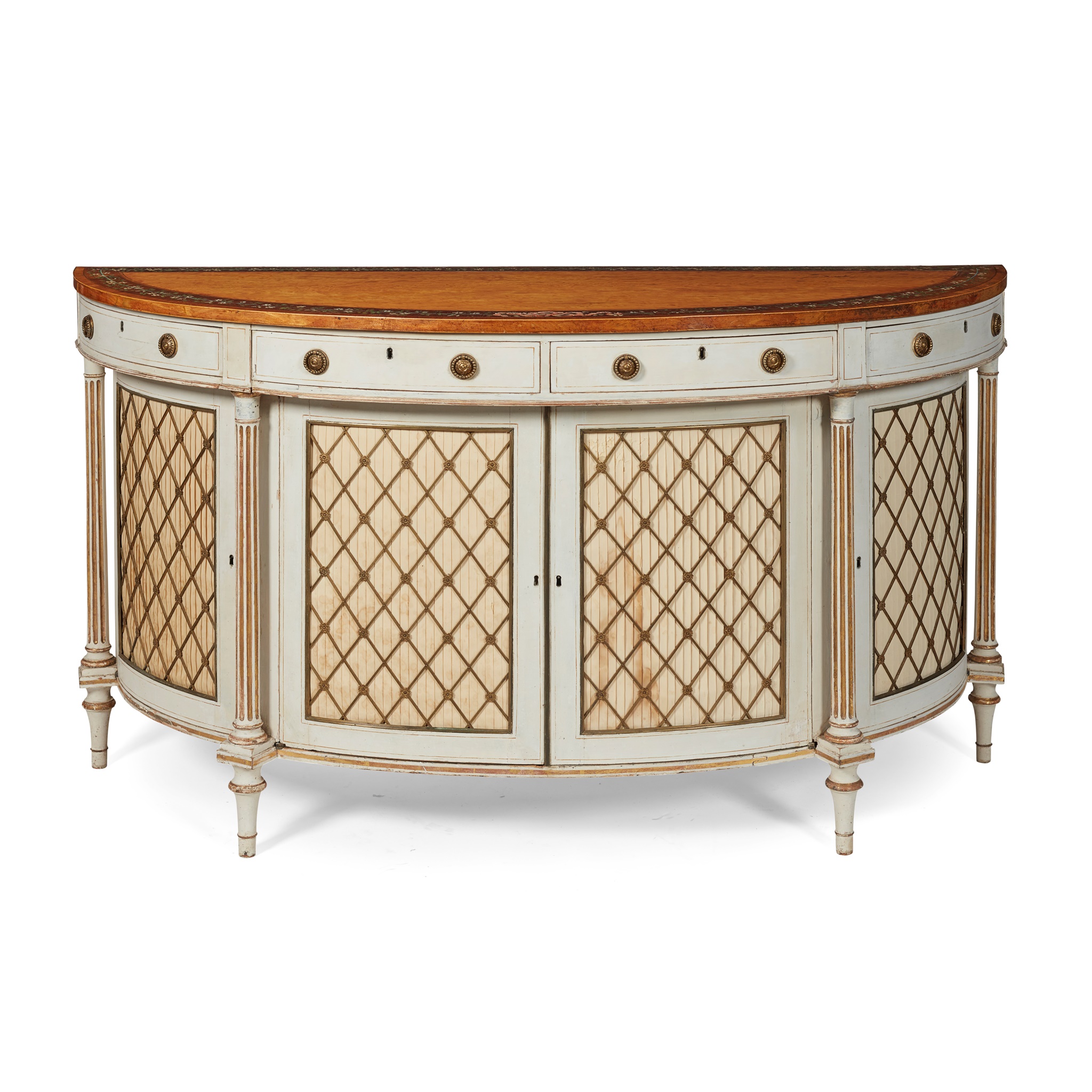 FINE GEORGE III SATINWOOD, KINGWOOD, PARCEL GILT AND GREY PAINTED DEMILUNE COMMODE
