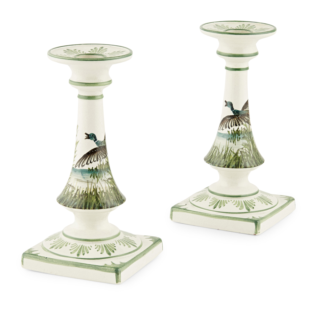 A PAIR OF WEMYSS WARE LOW CANDLESTICKS