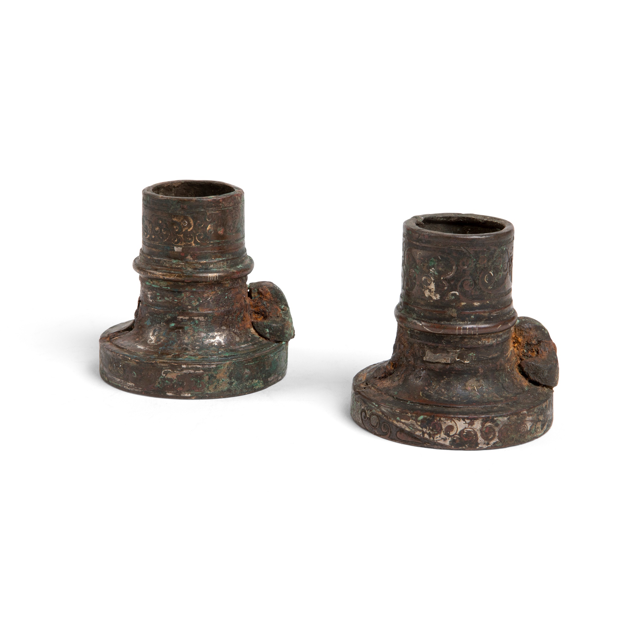 PAIR OF SILVER INLAID BRONZE CHARIOT FITTINGS