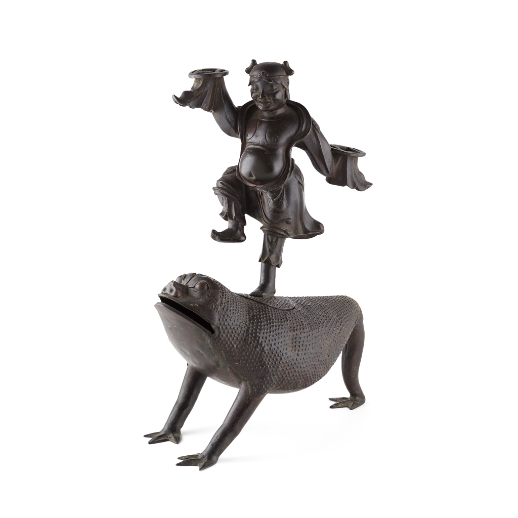 BRONZE CENSER IN THE SHAPE OF LIU HAI AND THE MONEY TOAD