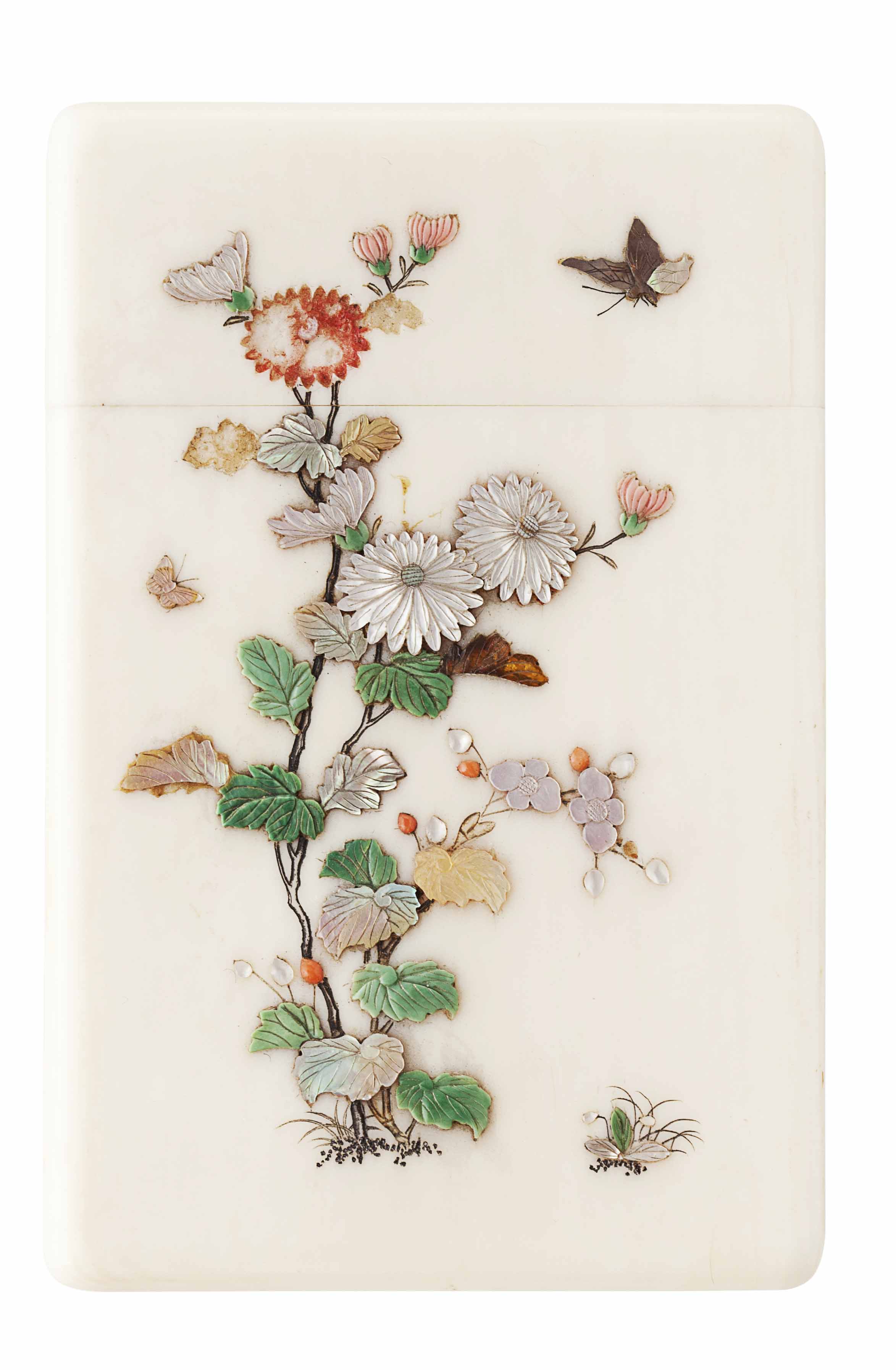 JAPANESE CARVED IVORY AND SHIBAYAMA INLAID CARD CASE