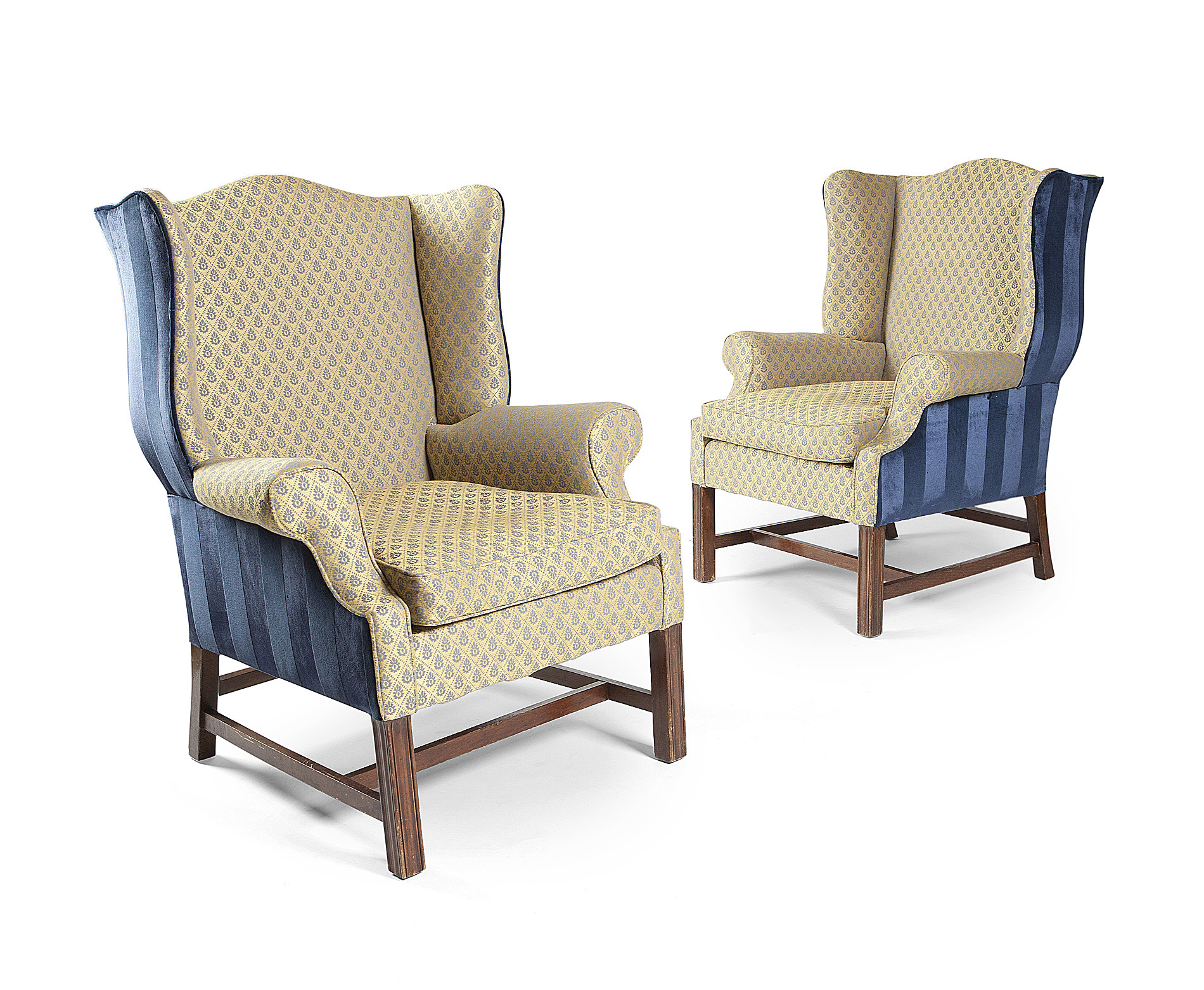 PAIR OF GEORGE III MAHOGANY AND UPHOLSTERED WING ARMCHAIRS