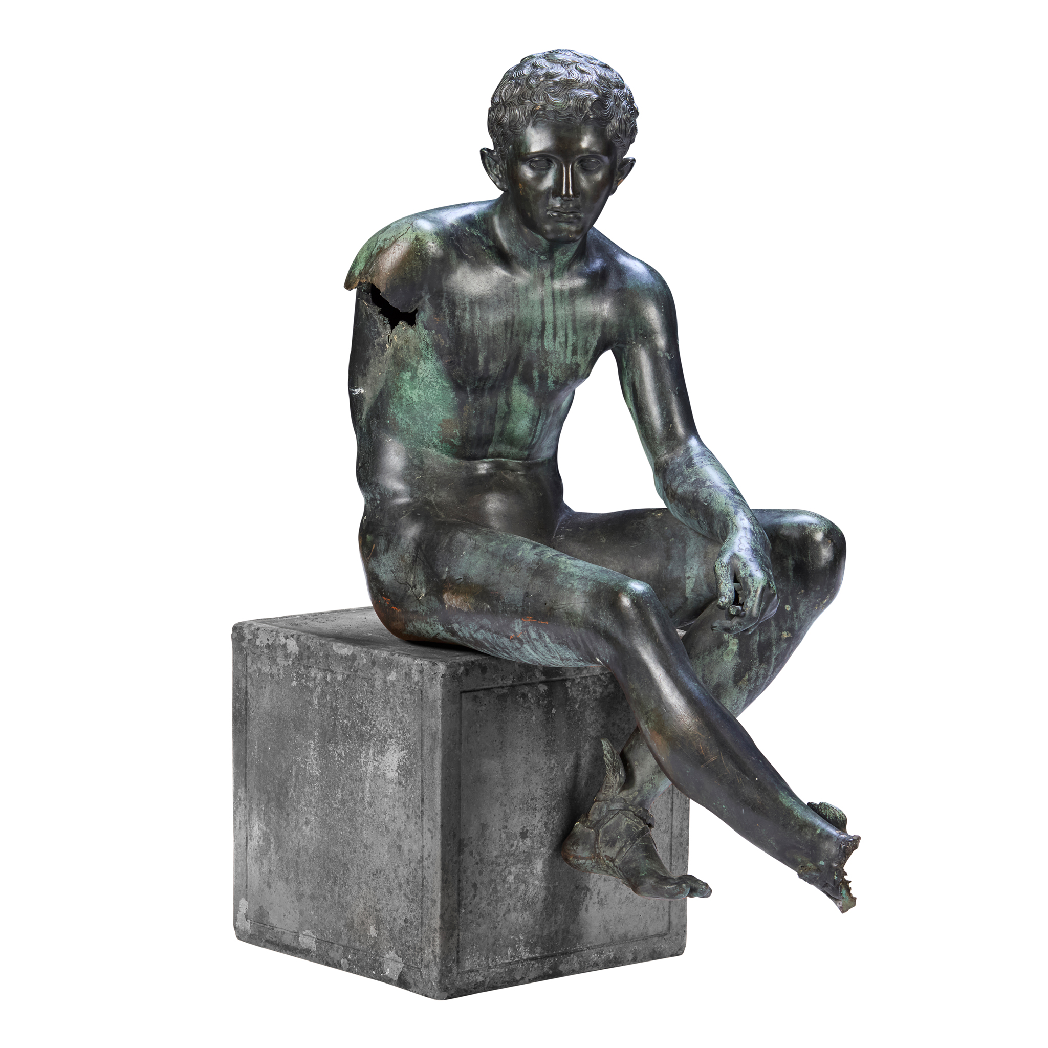 LARGE ITALIAN BRONZE FIGURE OF SEATED HERMES, AFTER THE ANTIQUE
