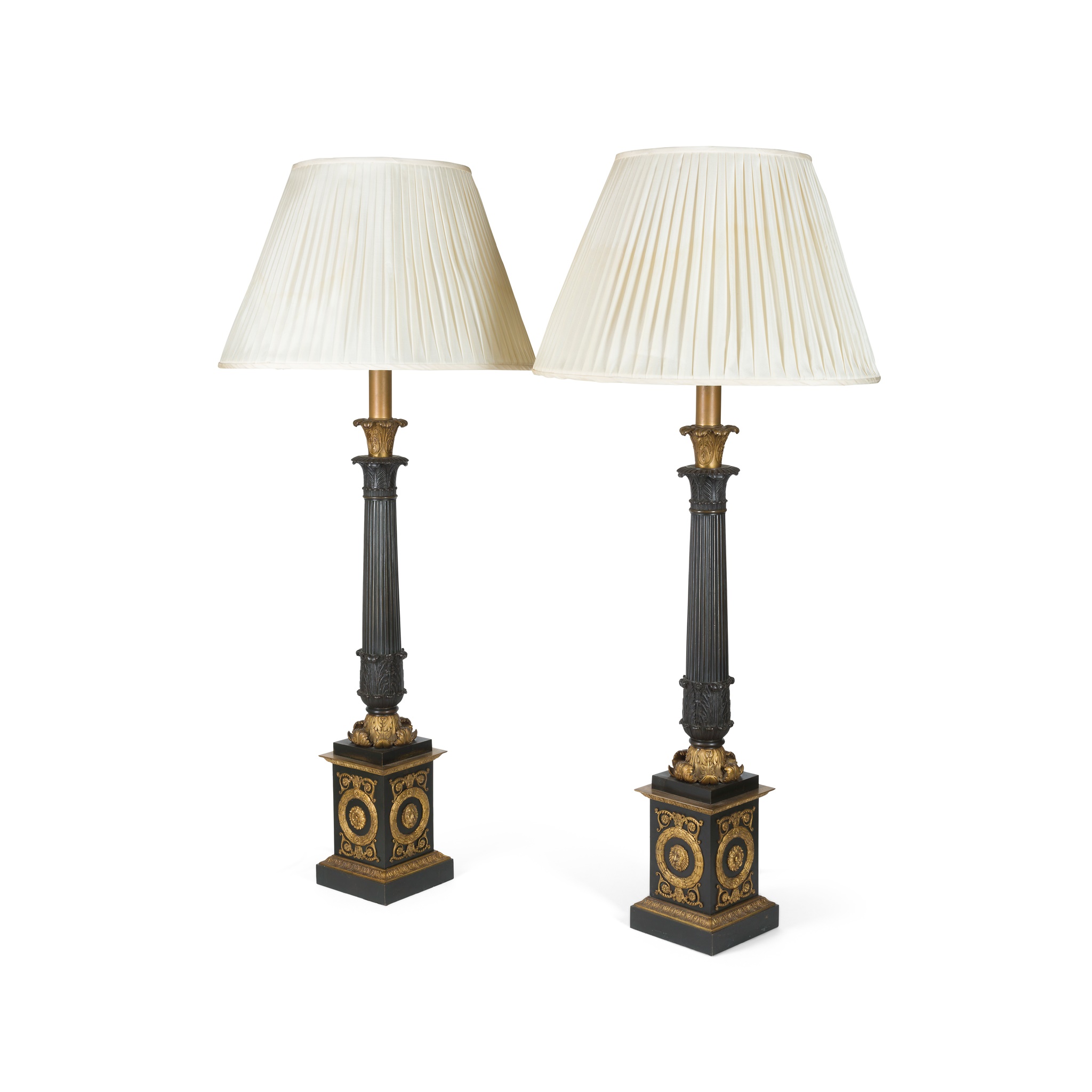 PAIR OF LARGE FRENCH EMPIRE PATINATED AND GILT BRONZE TABLE LAMPS