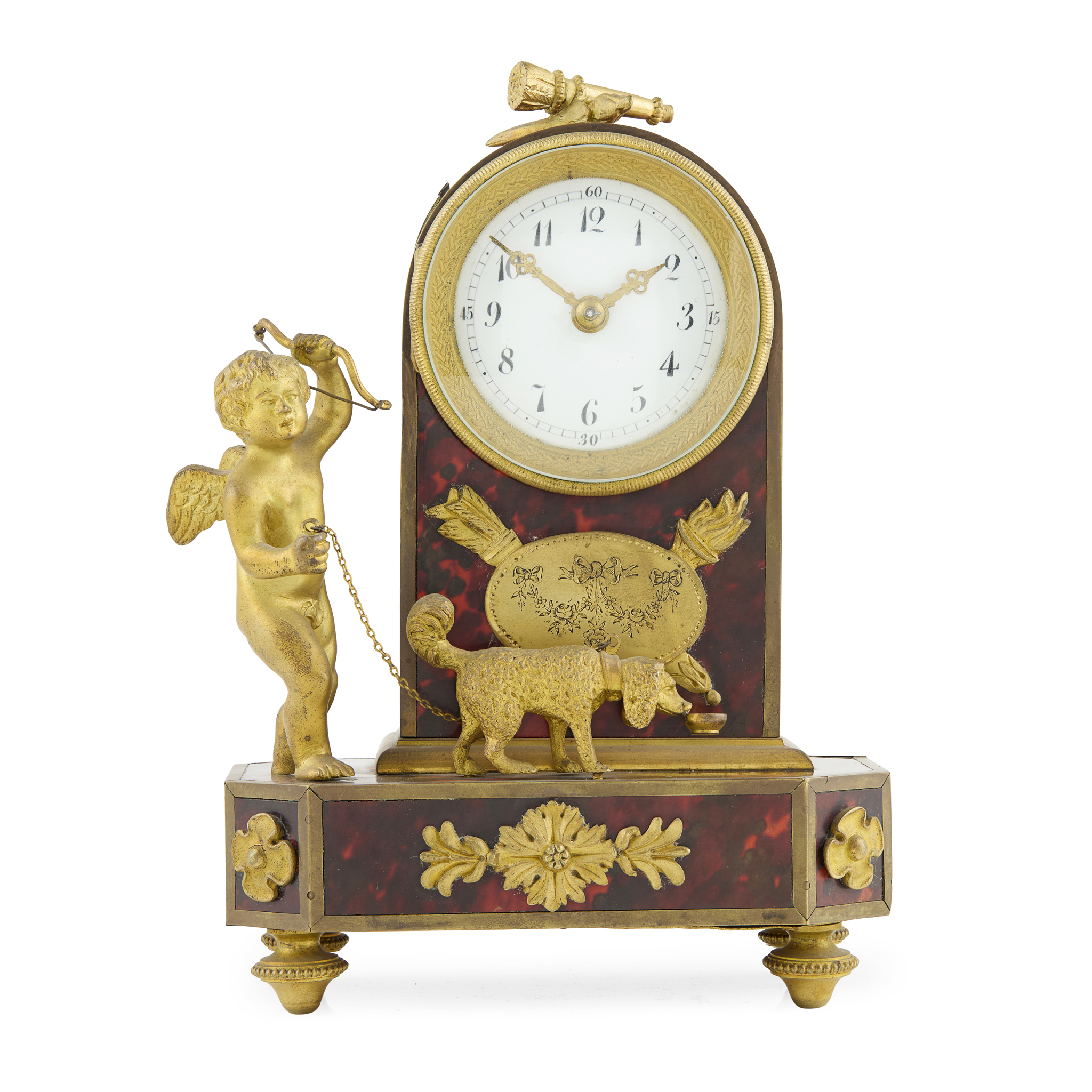 FRENCH RED TORTOISESHELL AND BRASS MOUNTED BOULLE FIGURAL MANTLE CLOCK