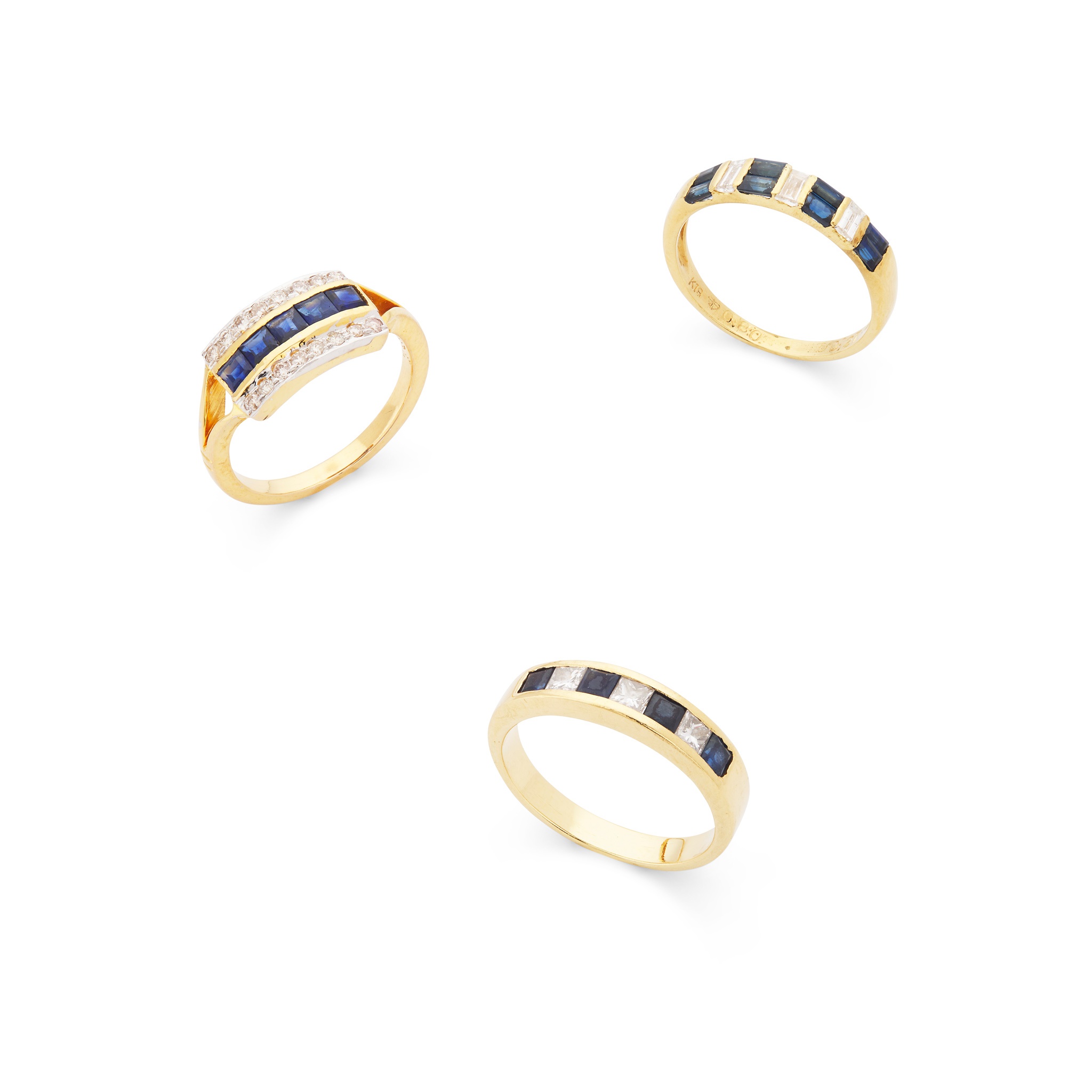 Three sapphire and diamond rings