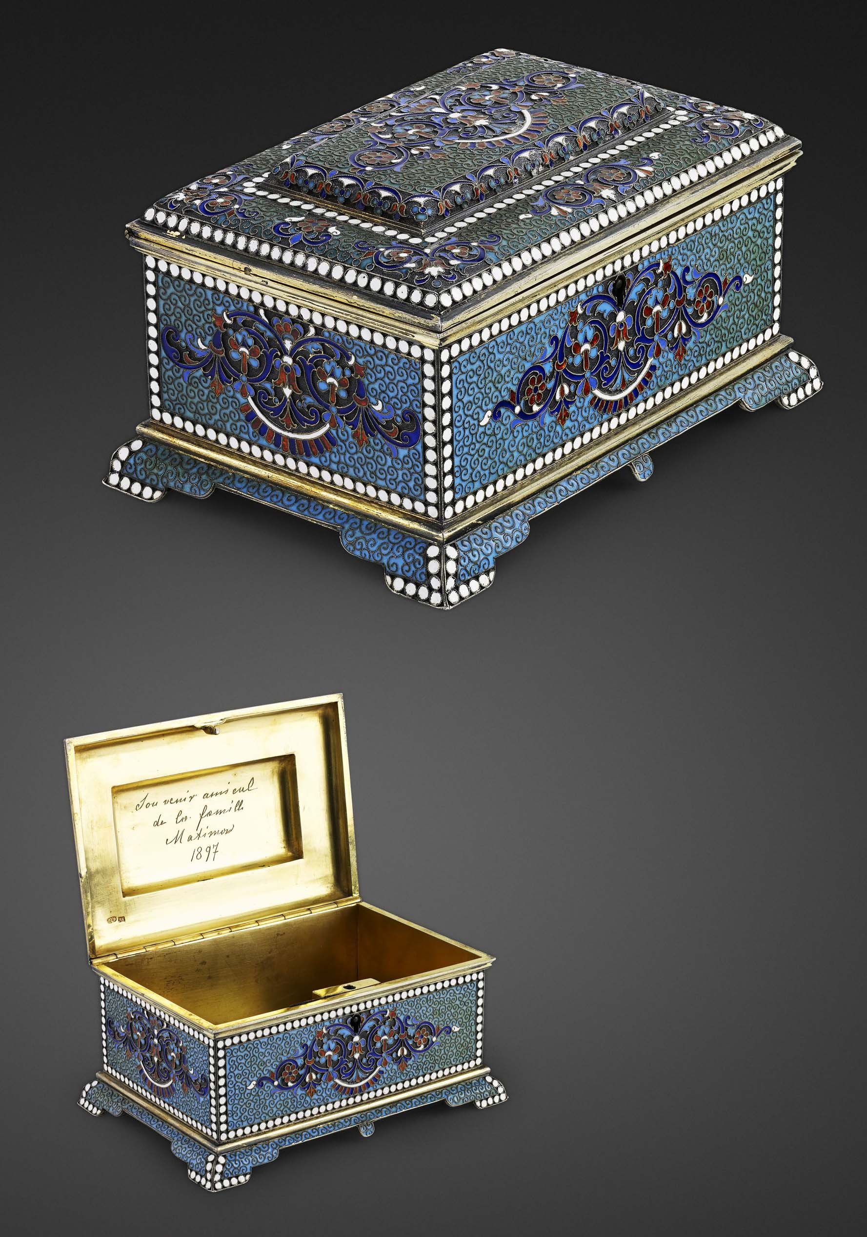 A Russian silver-gilt and cloisonné enamel casket