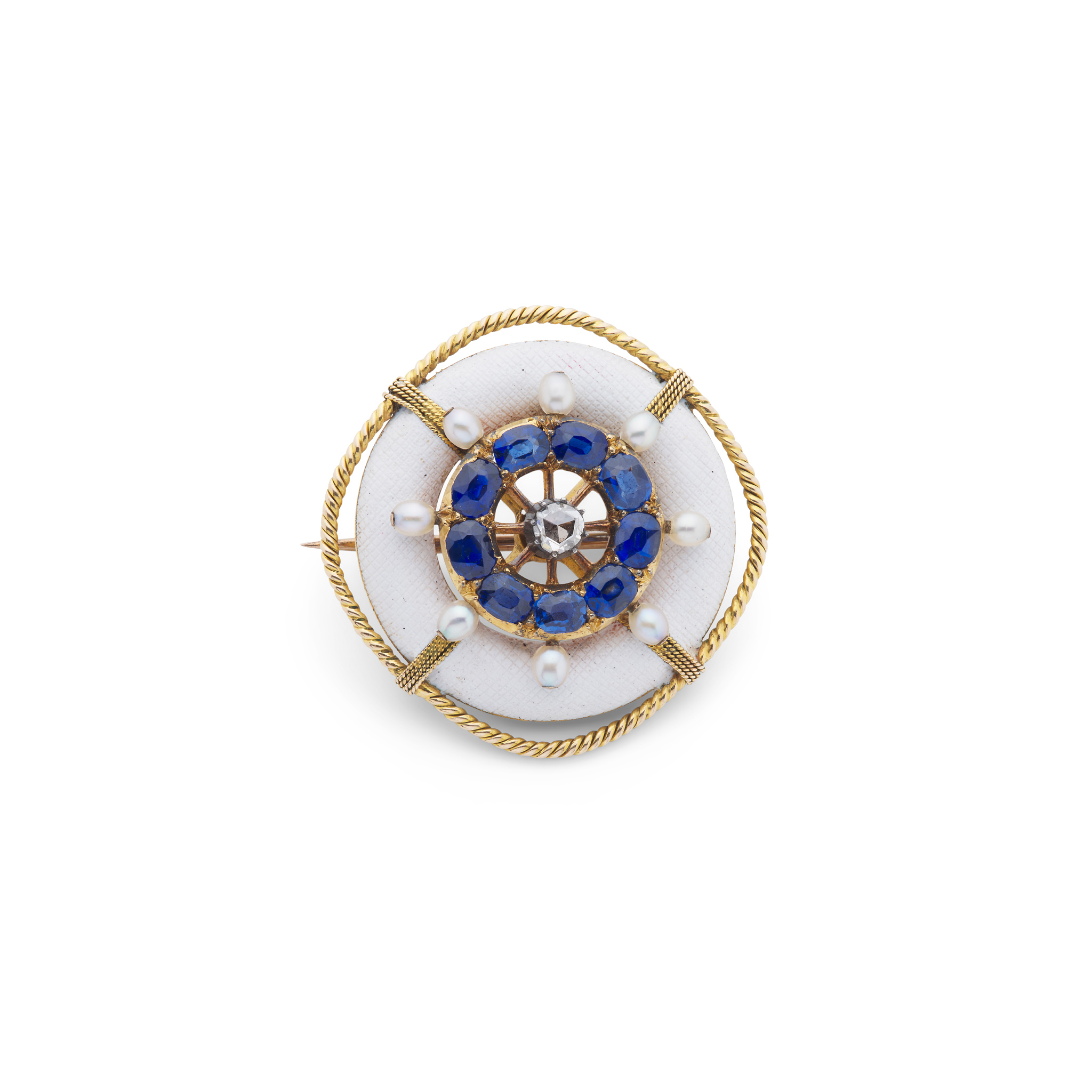 Attributed to Benzie of Cowes: An enamel and gem-set 'Life Ring' brooch