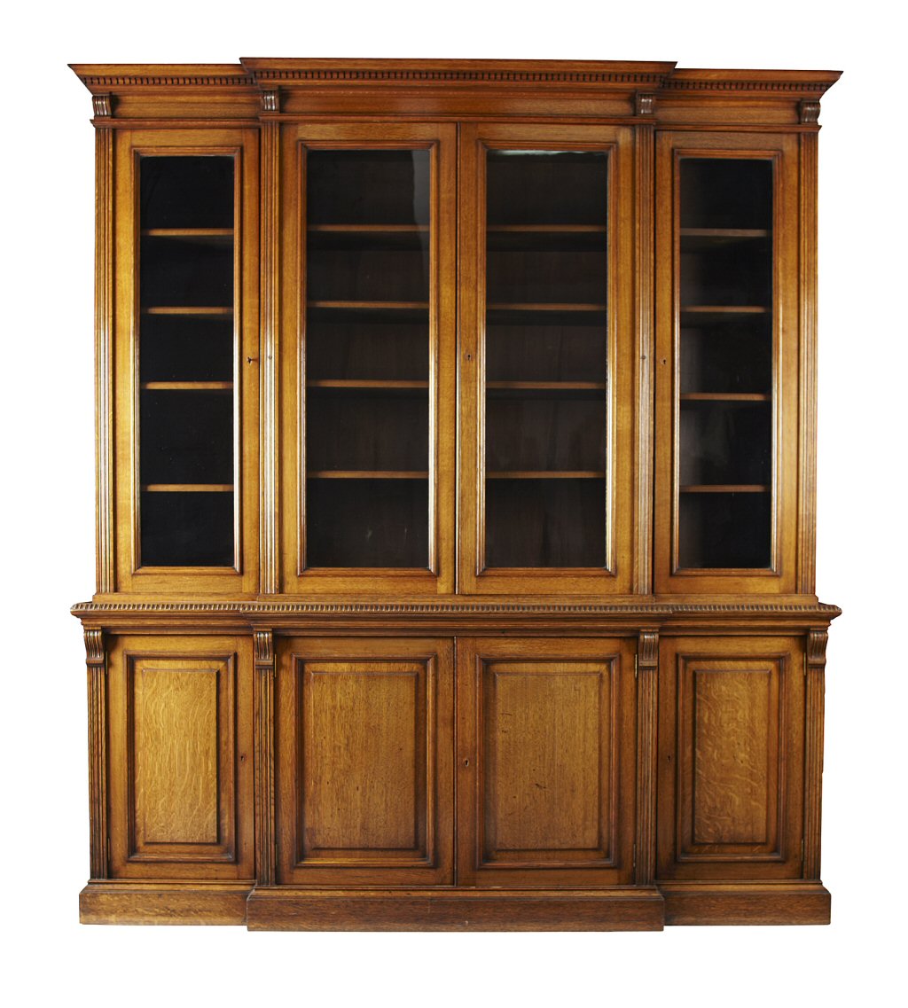 EDWARDIAN OAK BREAKFRONT BOOKCASE
