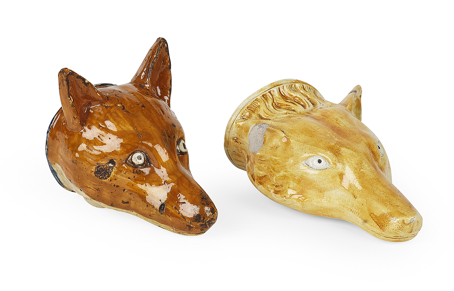 TWO PRATTWARE FOX HEAD STIRRUP CUPS