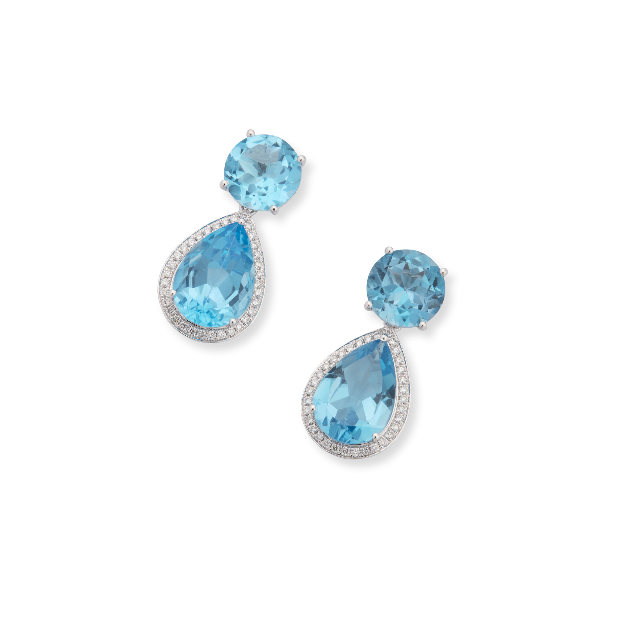 A pair of blue topaz and diamond pendent earrings