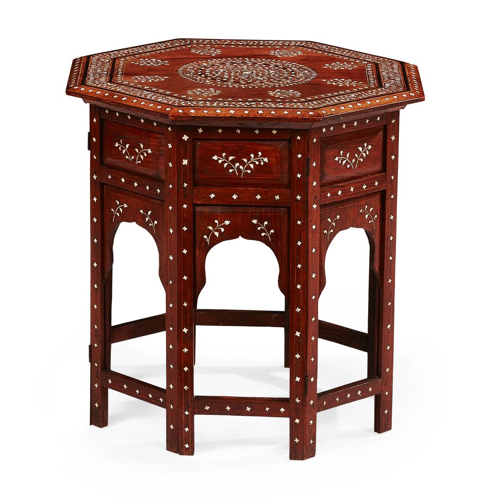 INDIAN HARDWOOD, EBONY AND IVORY INLAID OCTAGONAL TABLE