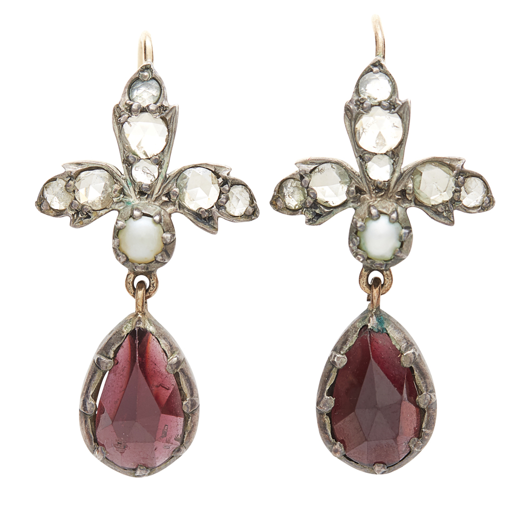 A pair of Victorian diamond and gem-set pendant earrings