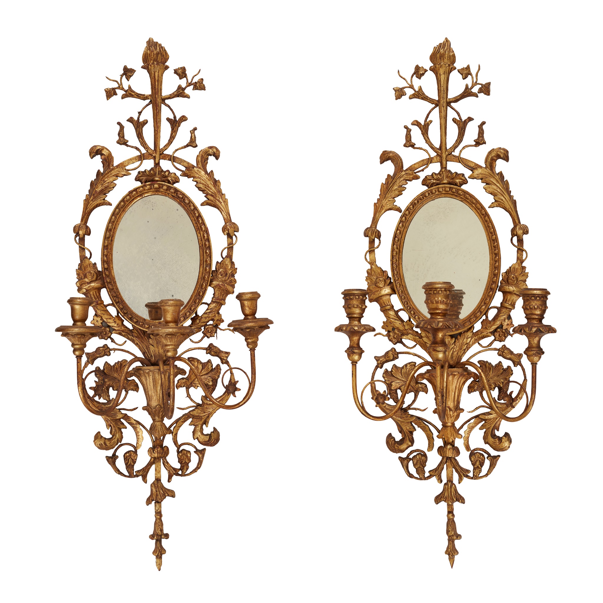 PAIR OF NEOCLASSICAL STYLE GILTWOOD AND MIRRORED WALL SCONCES
