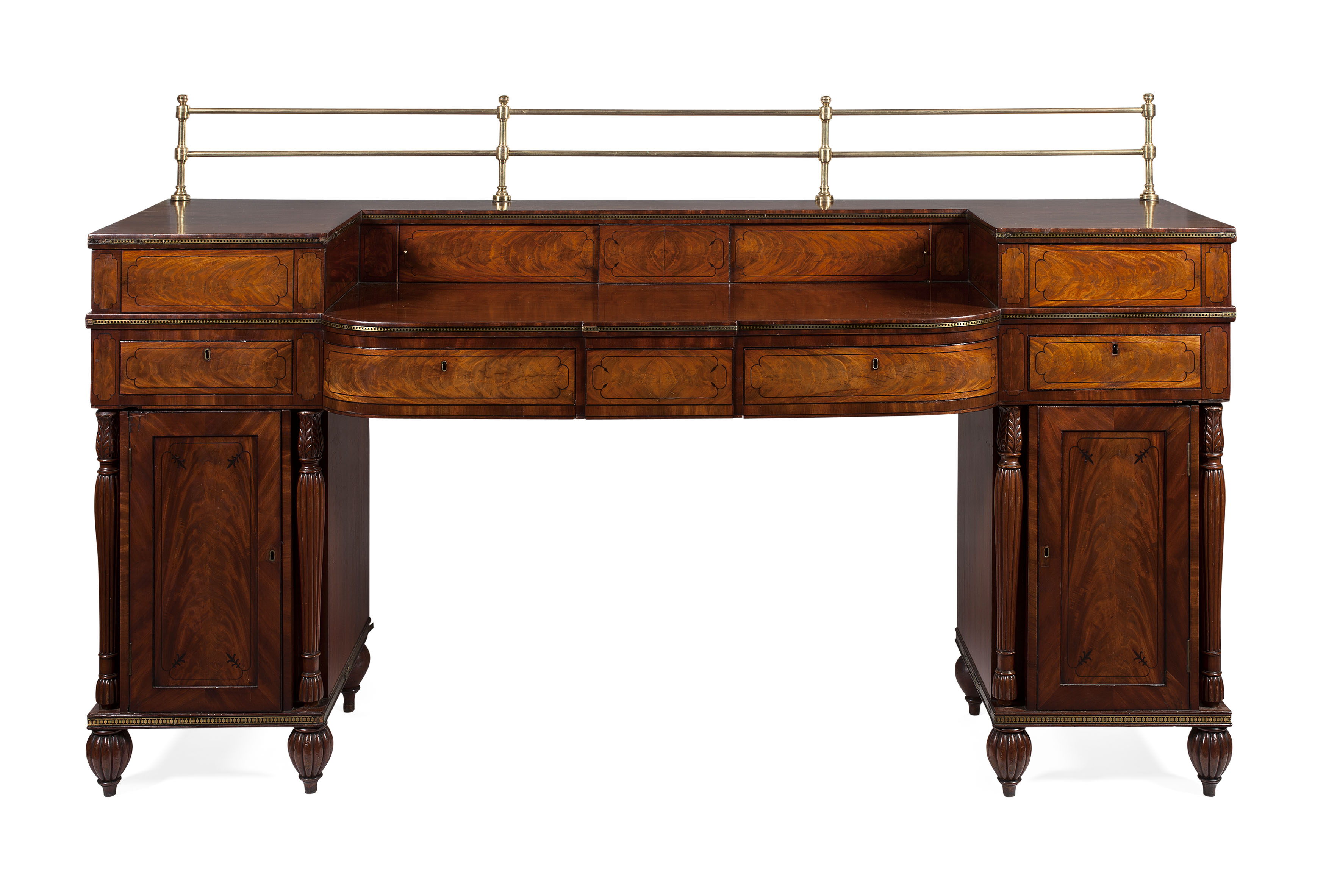 GEORGE IV MAHOGANY AND BRASS INLAY PEDESTAL SIDEBOARD