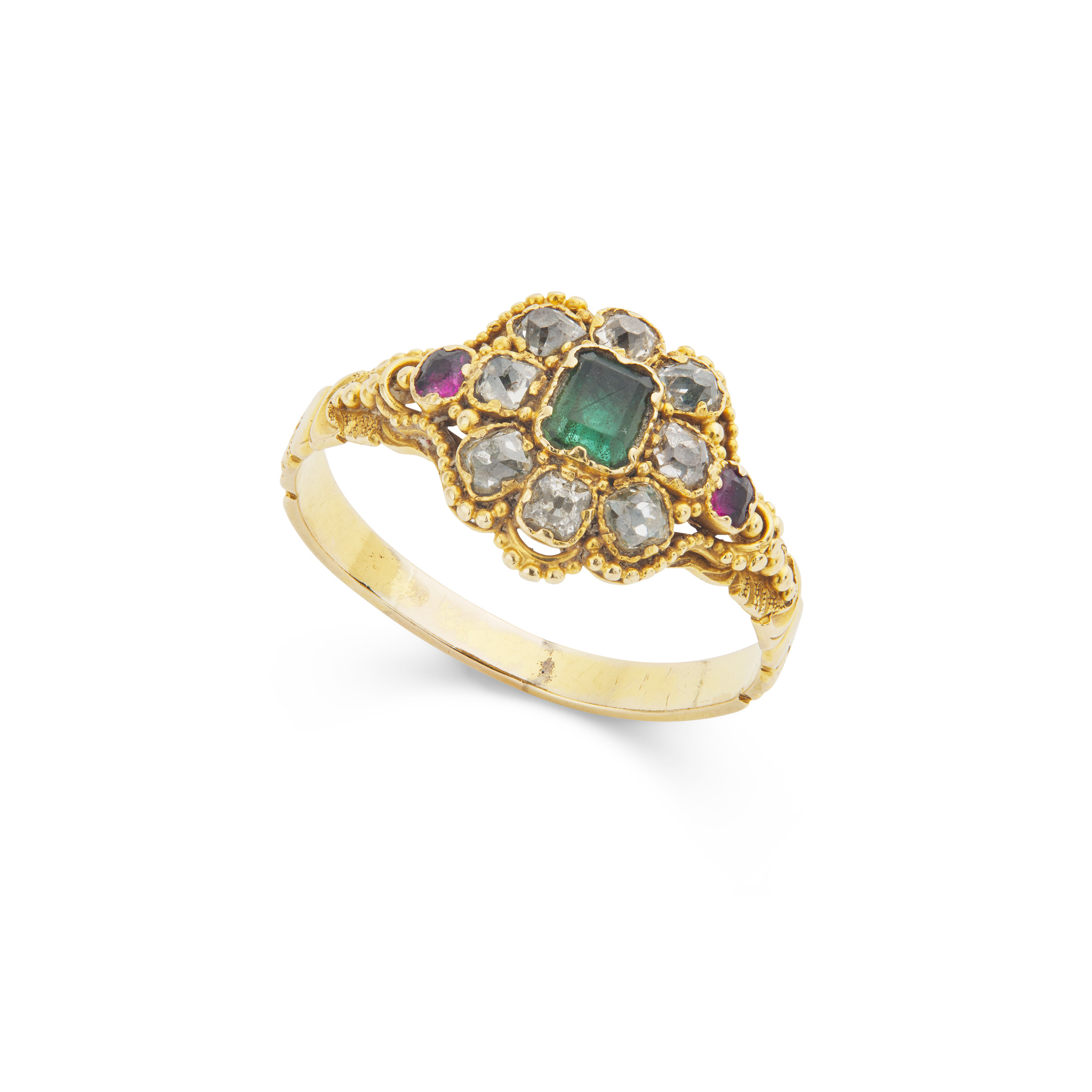 An early 19th century diamond, garnet and emerald cluster ring