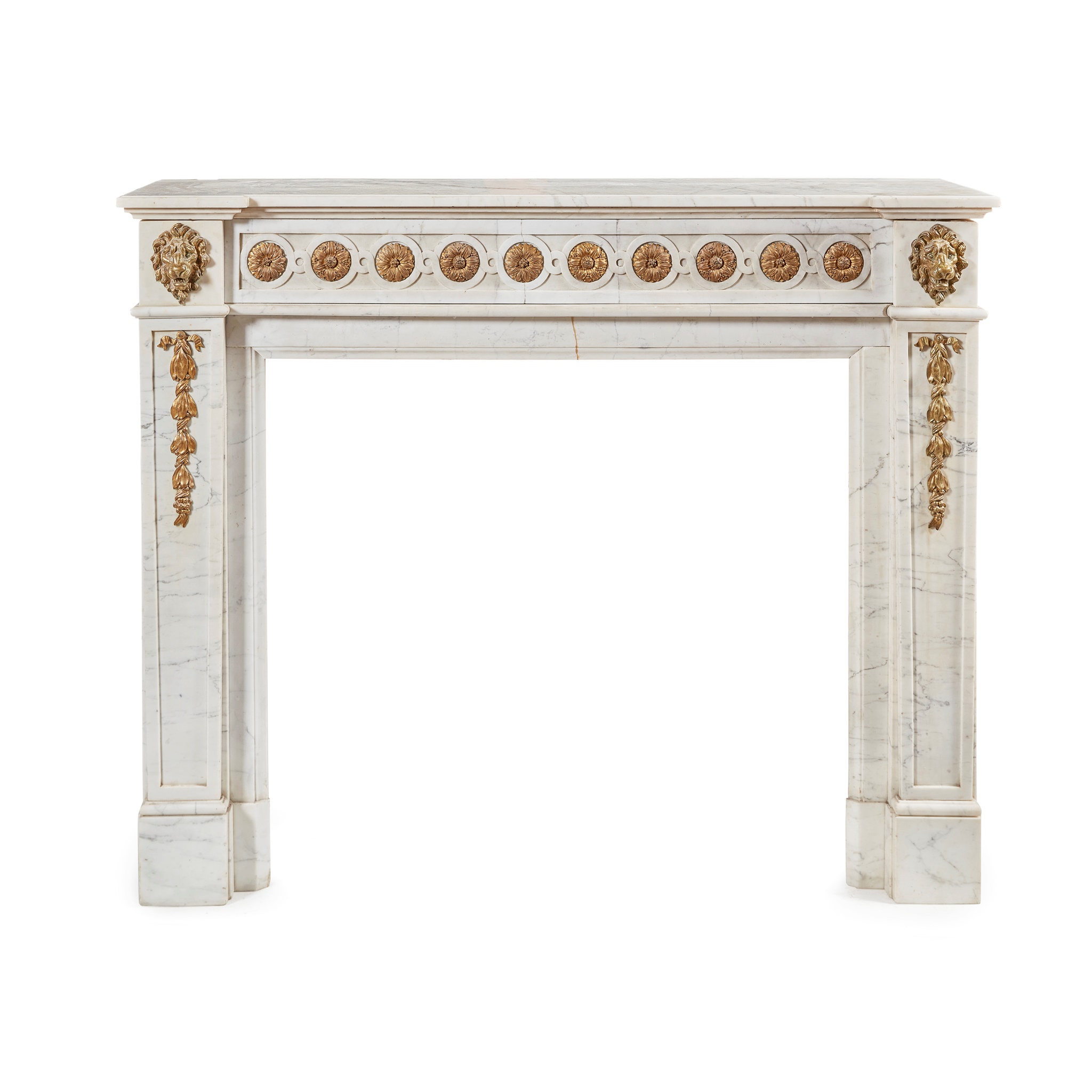 GEORGE III STYLE GILT BRONZE MOUNTED WHITE MARBLE FIRE SURROUND