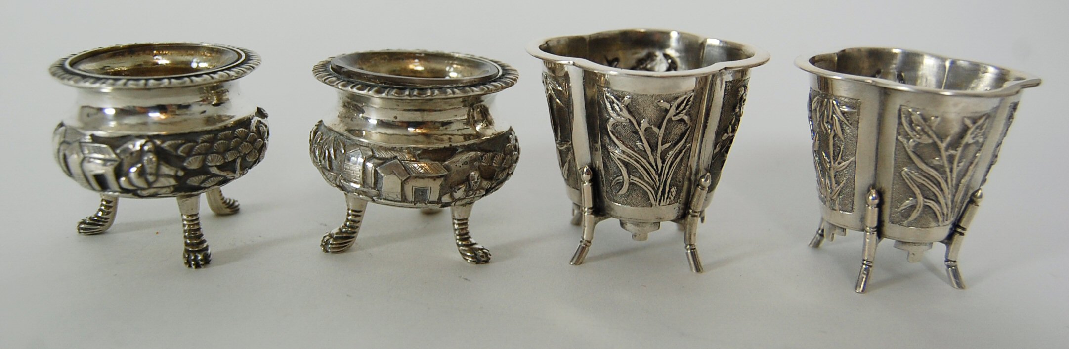 TWO PAIRS OF CHINESE SILVER SALTS