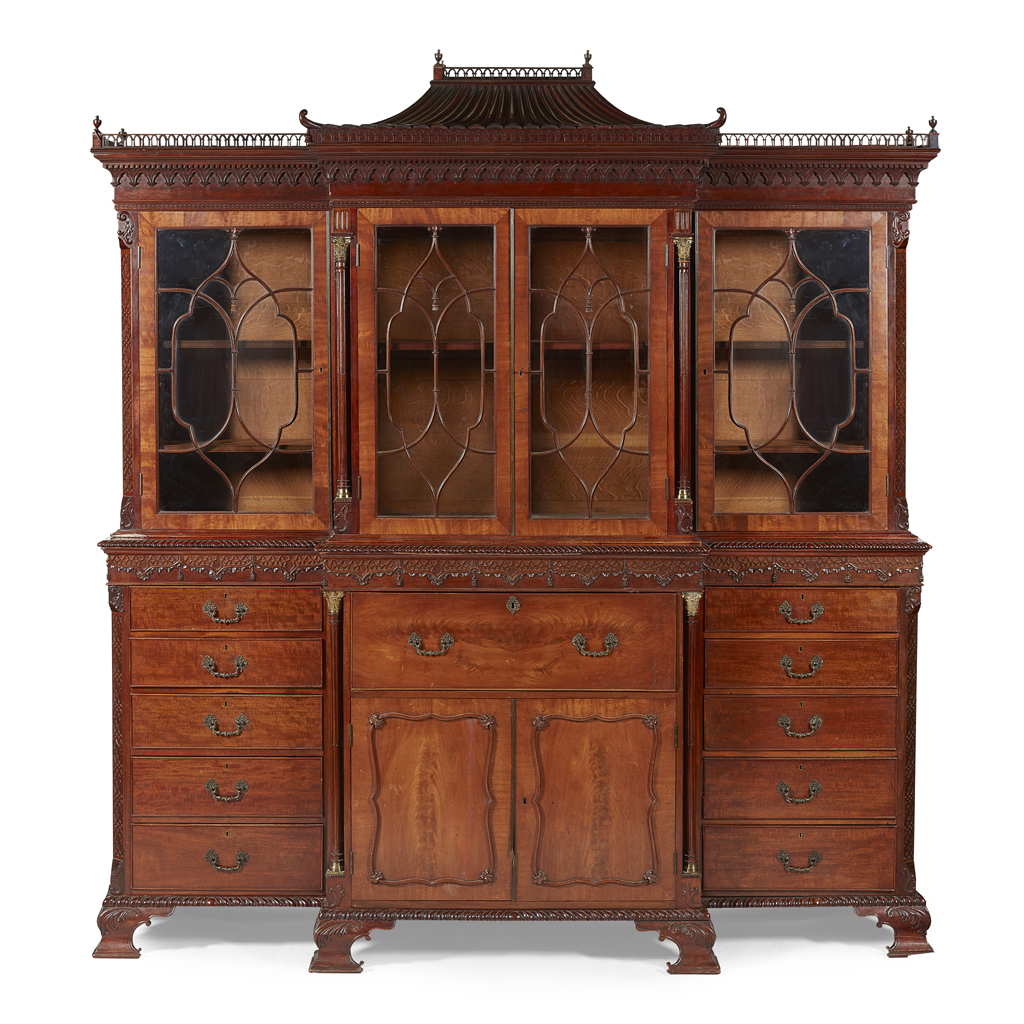 GEORGE III STYLE MAHOGANY BREAKFRONT SECRETAIRE LIBRARY BOOKCASE, BY ERNEST WILLIAM VARLEY