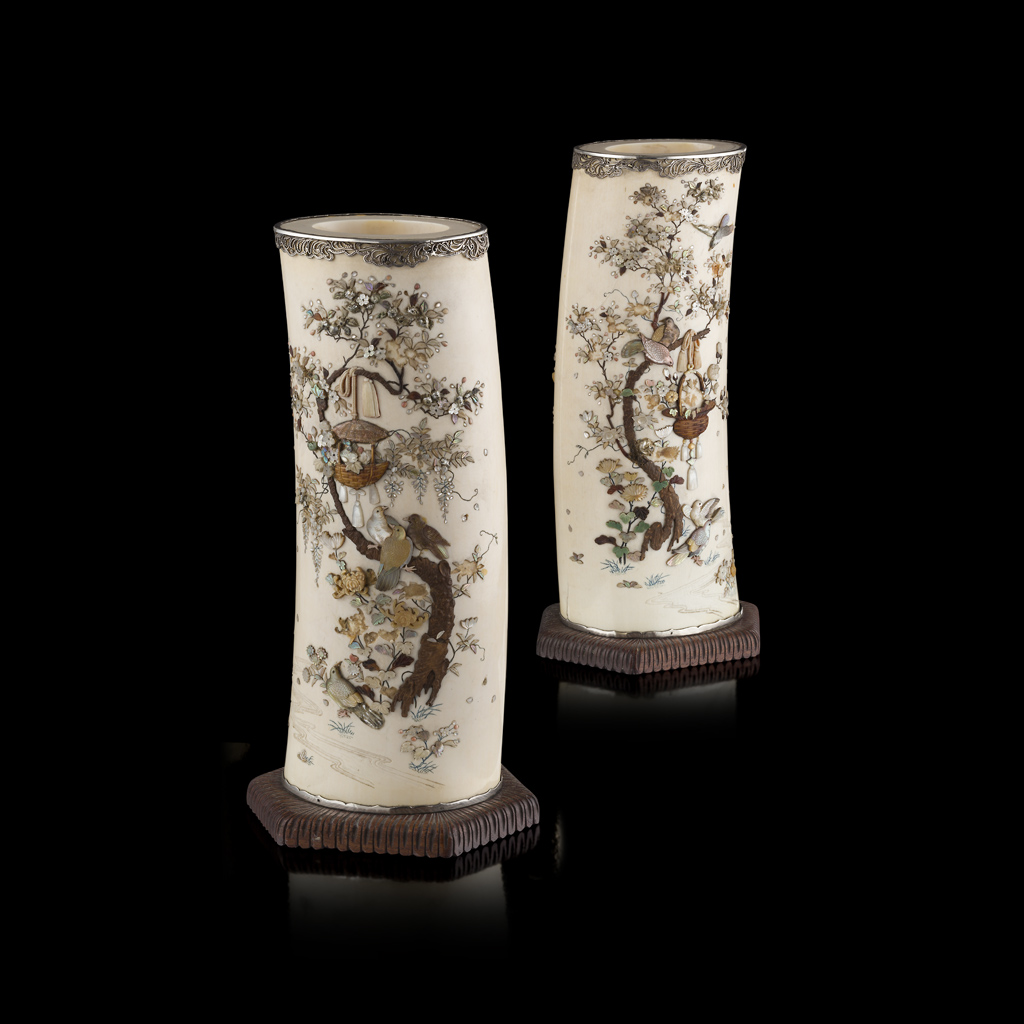 PAIR OF SILVER-MOUNTED AND SHIBAYAMA-INLAID IVORY TUSK VASES