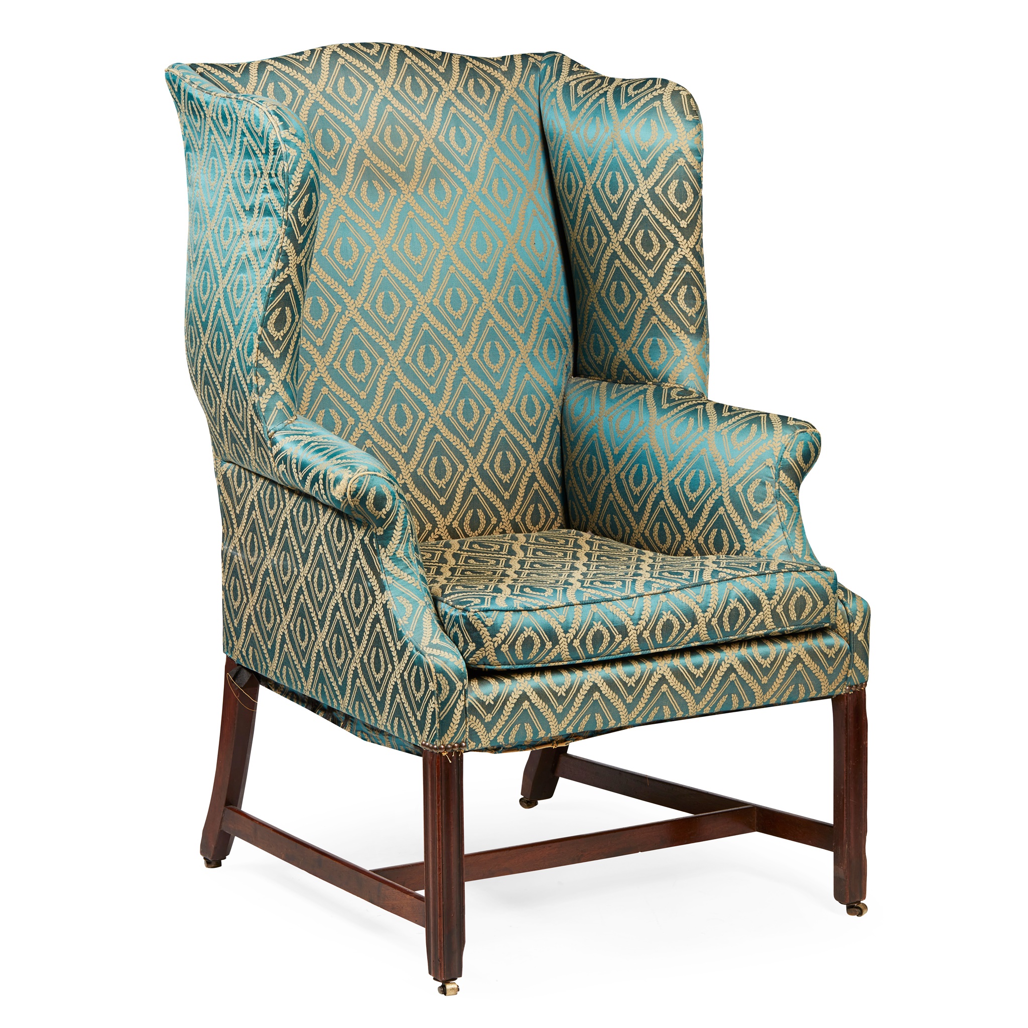 GEORGE III MAHOGANY UPHOLSTERED WING ARMCHAIR