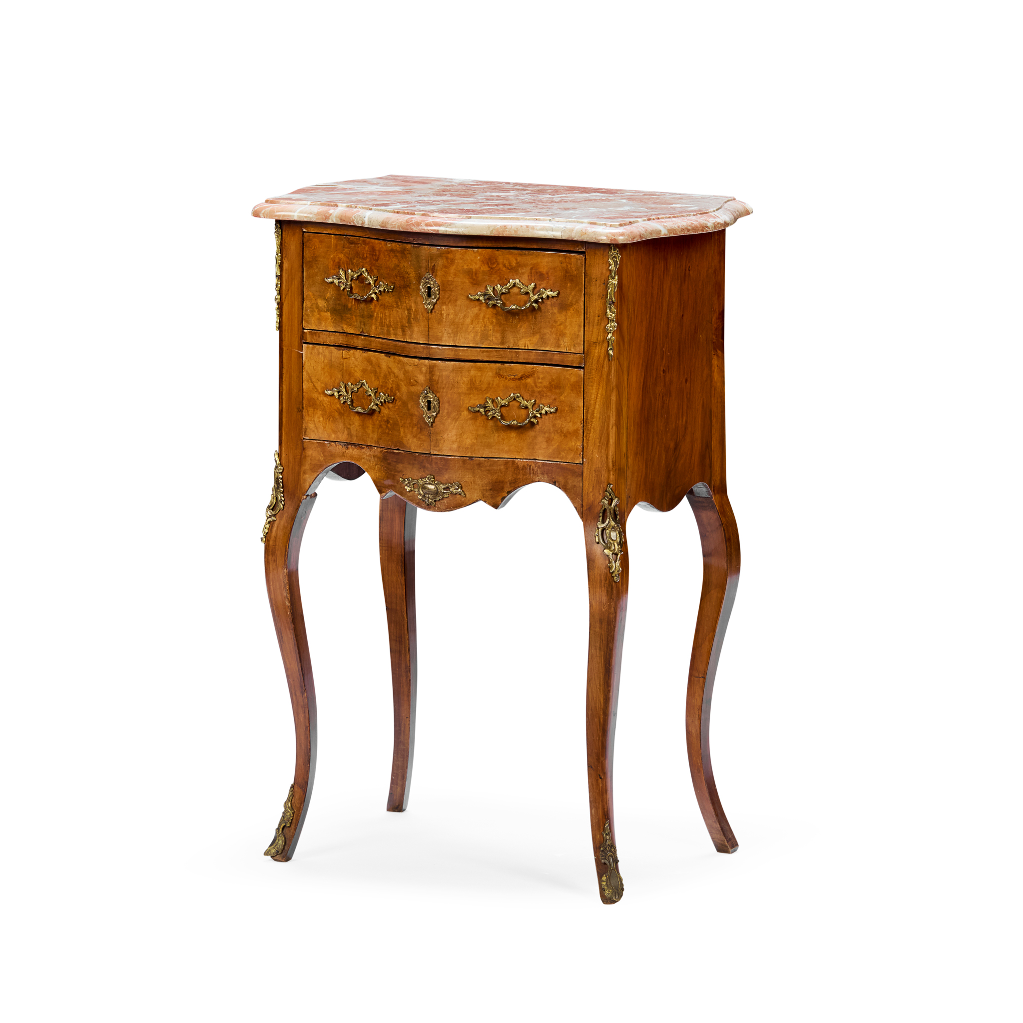 FRENCH STYLE WALNUT AND MARBLE TOPPED SIDE TABLE, BY H MAWER & STEPHENSON, LONDON