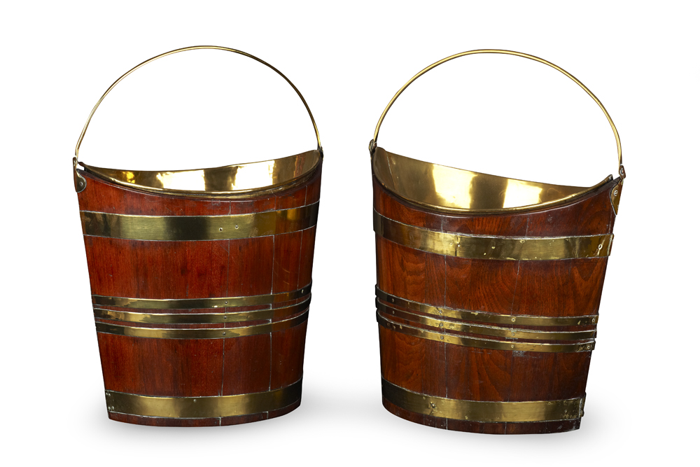 PAIR OF MAHOGANY AND BRASS BOUND OVAL PEAT BUCKETS