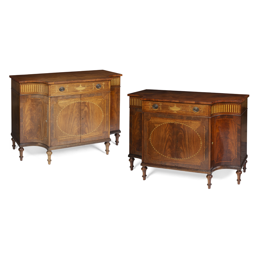 PAIR OF SHERATON STYLE MAHOGANY, SATINWOOD AND INLAY SIDE CABINETS