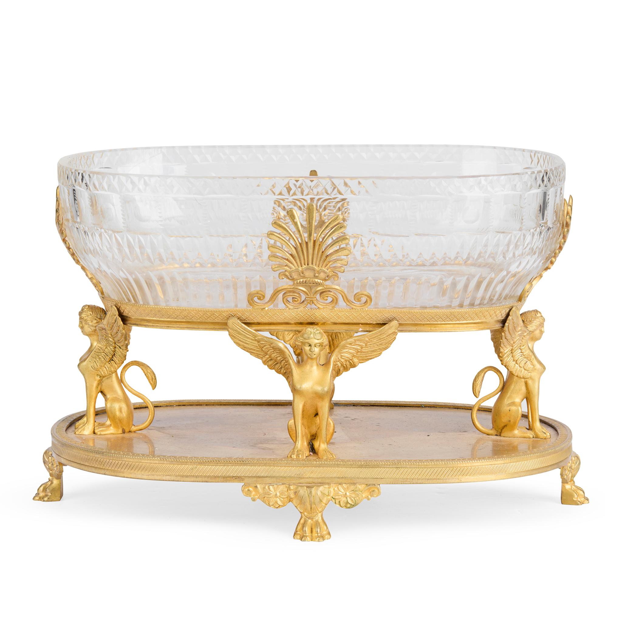 A FRENCH EMPIRE STYLE ORMOLU AND CUT GLASS CENTREPIECE