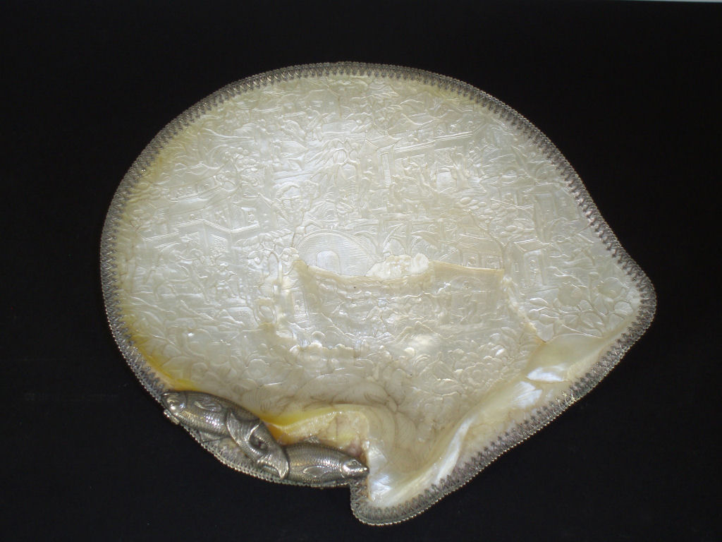 A 19th century silver mounted carved mother of pearl dish