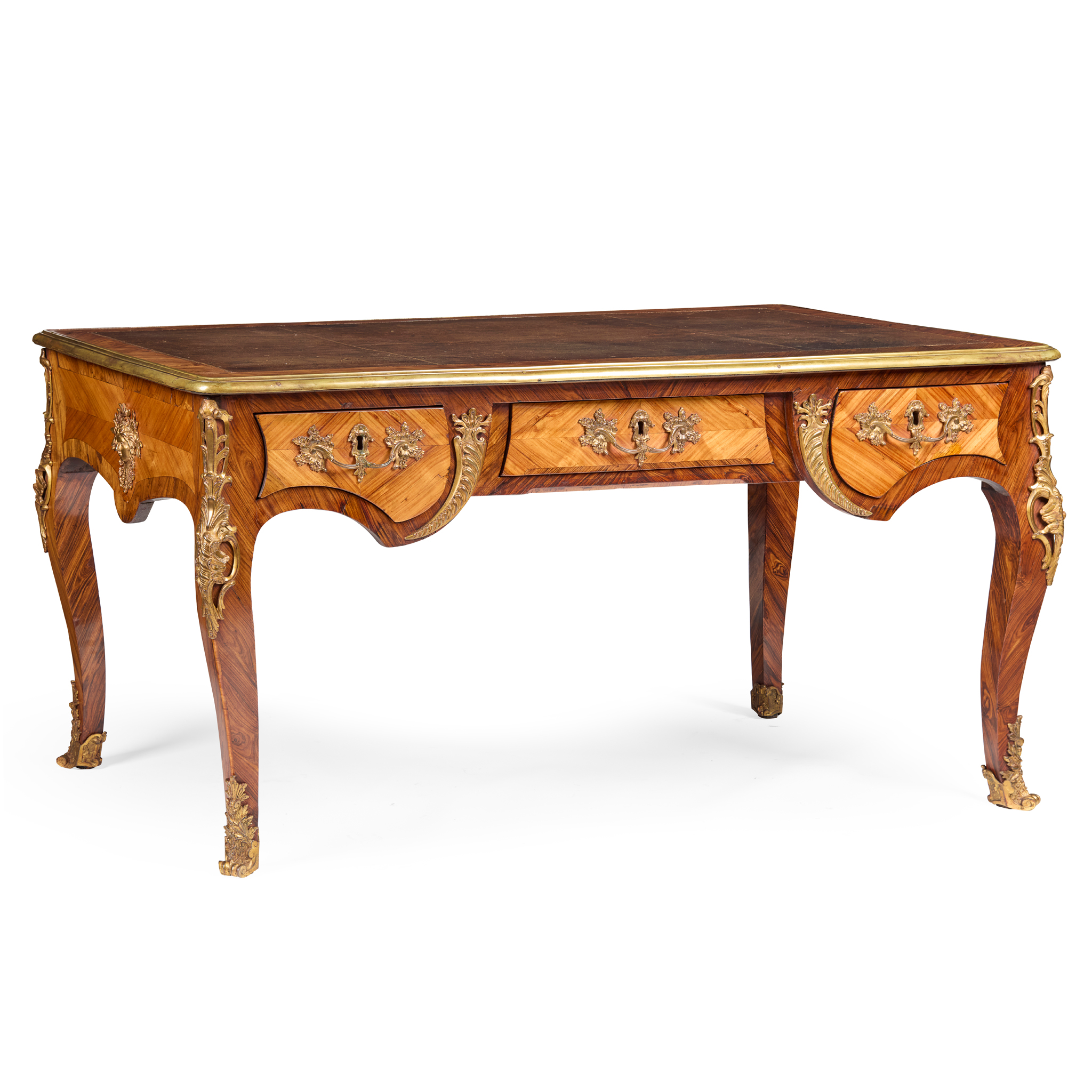 LOUIS XV KINGWOOD AND ACAJOU GILT BRONZE MOUNTED BUREAU PLAT