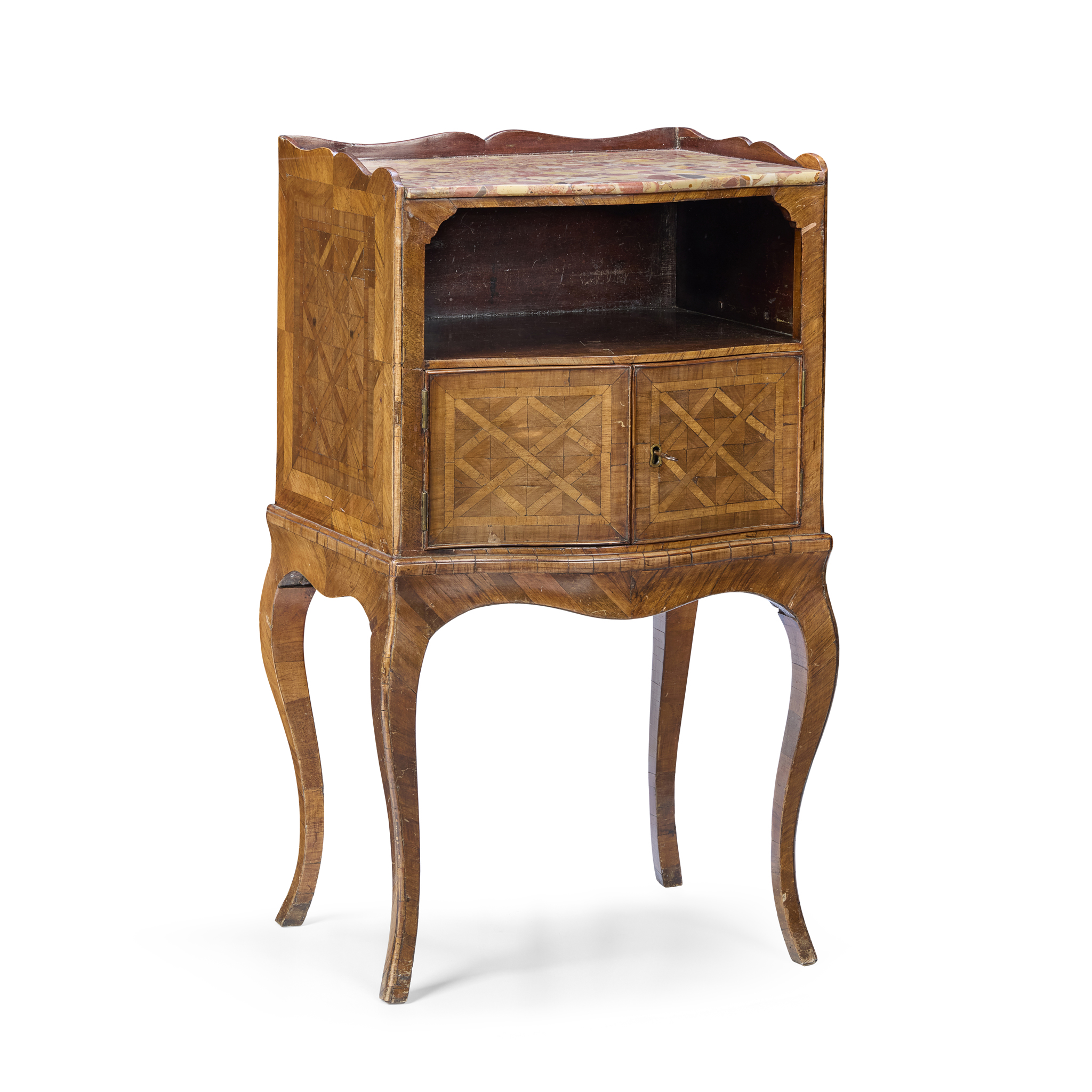 FRENCH LOUIS XV STYLE KINGWOOD PARQUETRY MARBLE TOPPED TABLE DE NUIT