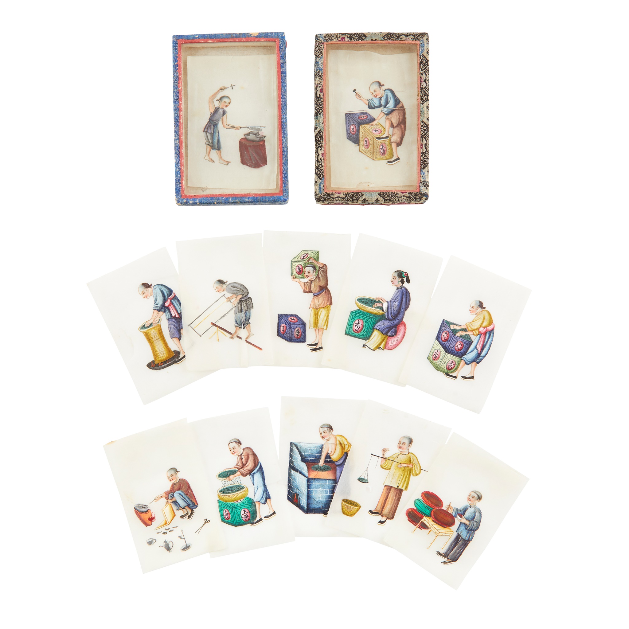 GROUP OF TWELVE CANTON SCHOOL MINIATURE PITH PAINTINGS OF FIGURES