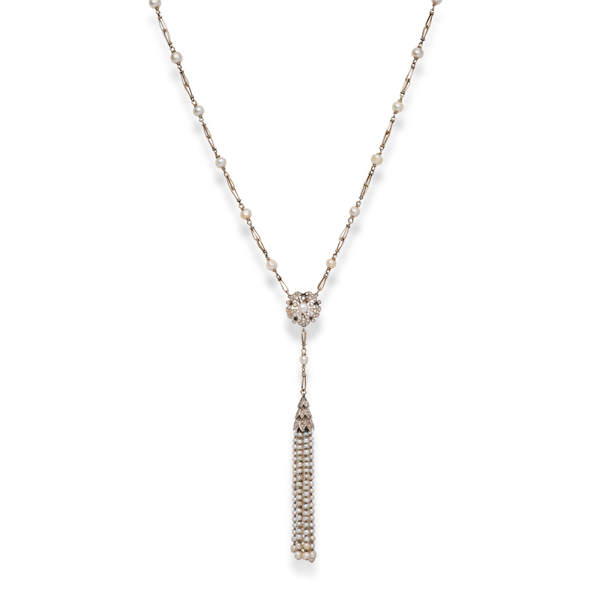 A natural pearl and diamond sautoir, circa 1920