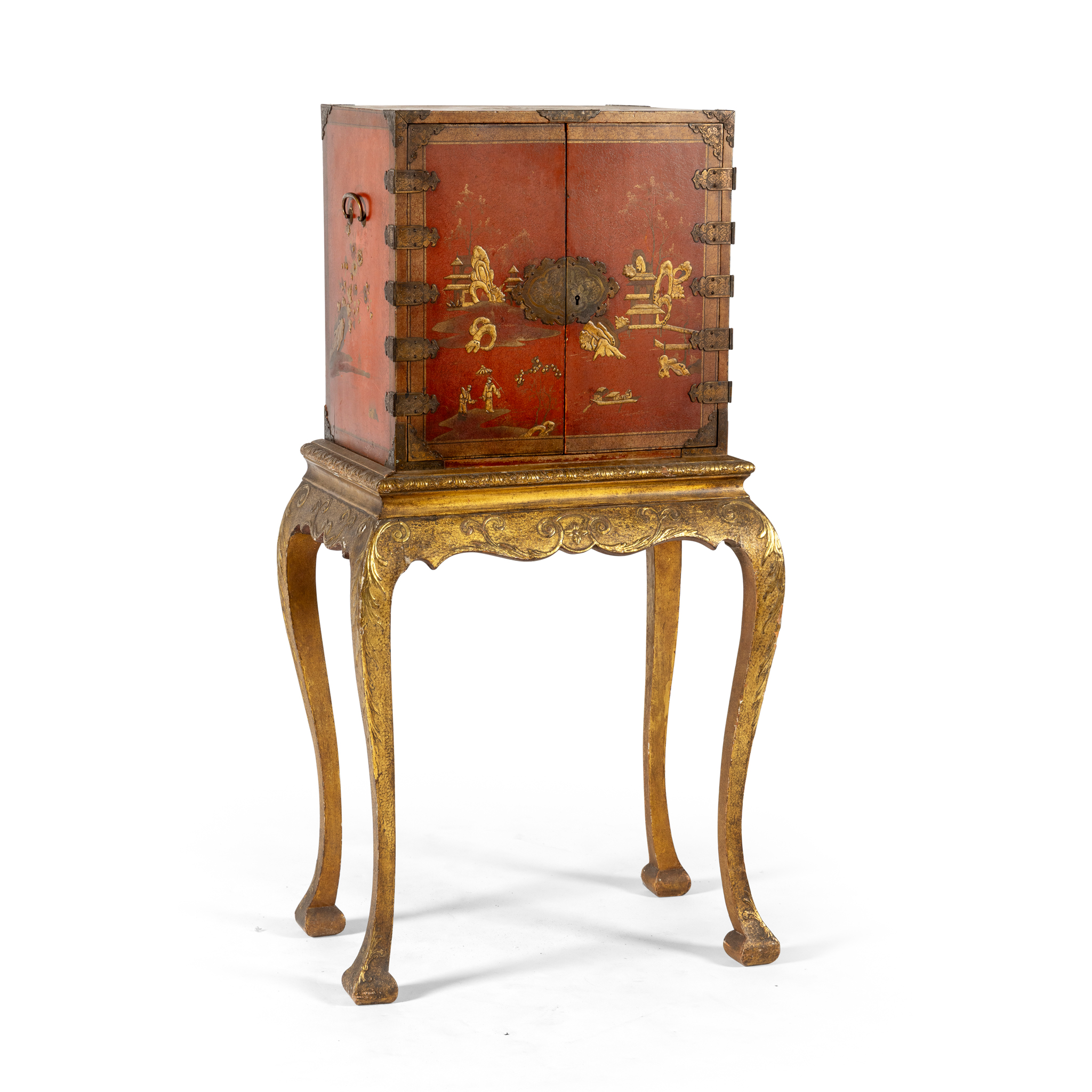 A RED LACQUER CABINET ON STAND