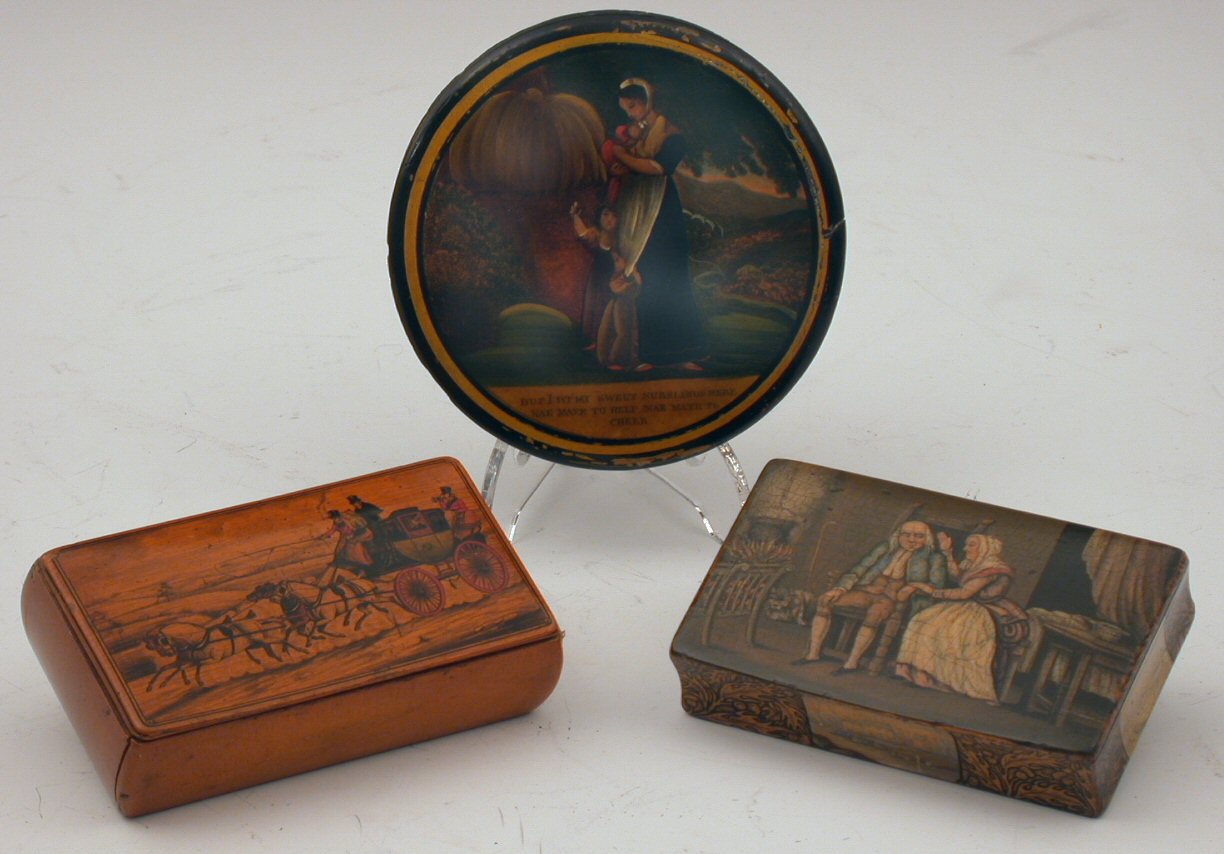 A Mauchlineware painted snuff box