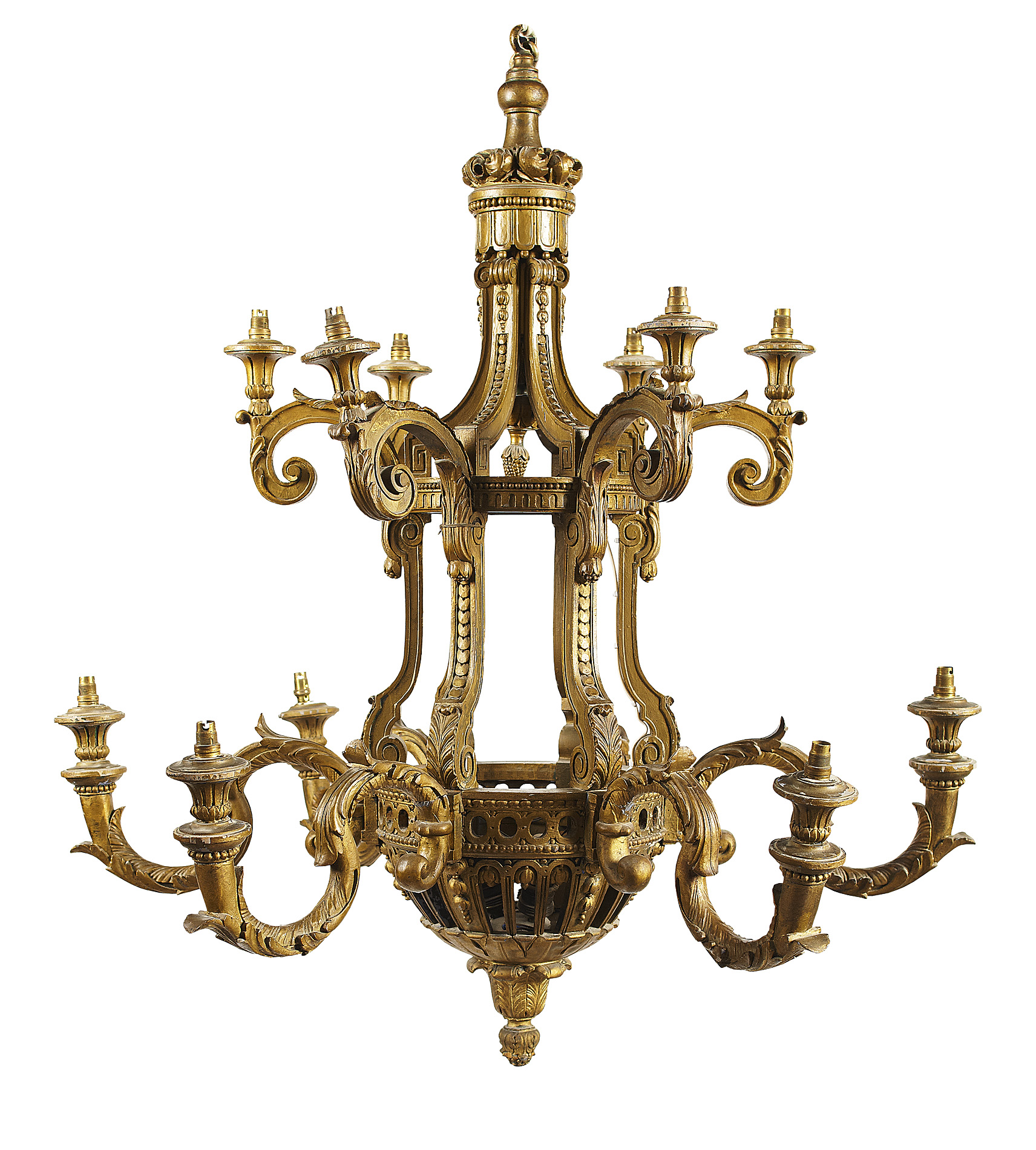 LOUIS XVI STYLE CARVED GILTWOOD TWELVE LIGHT CHANDELIER
