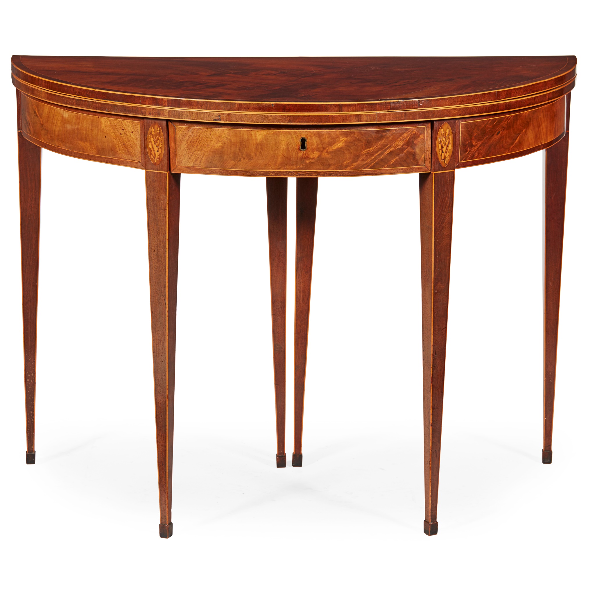 GEORGE III MAHOGANY INLAID DEMILUNE TEA TABLE
