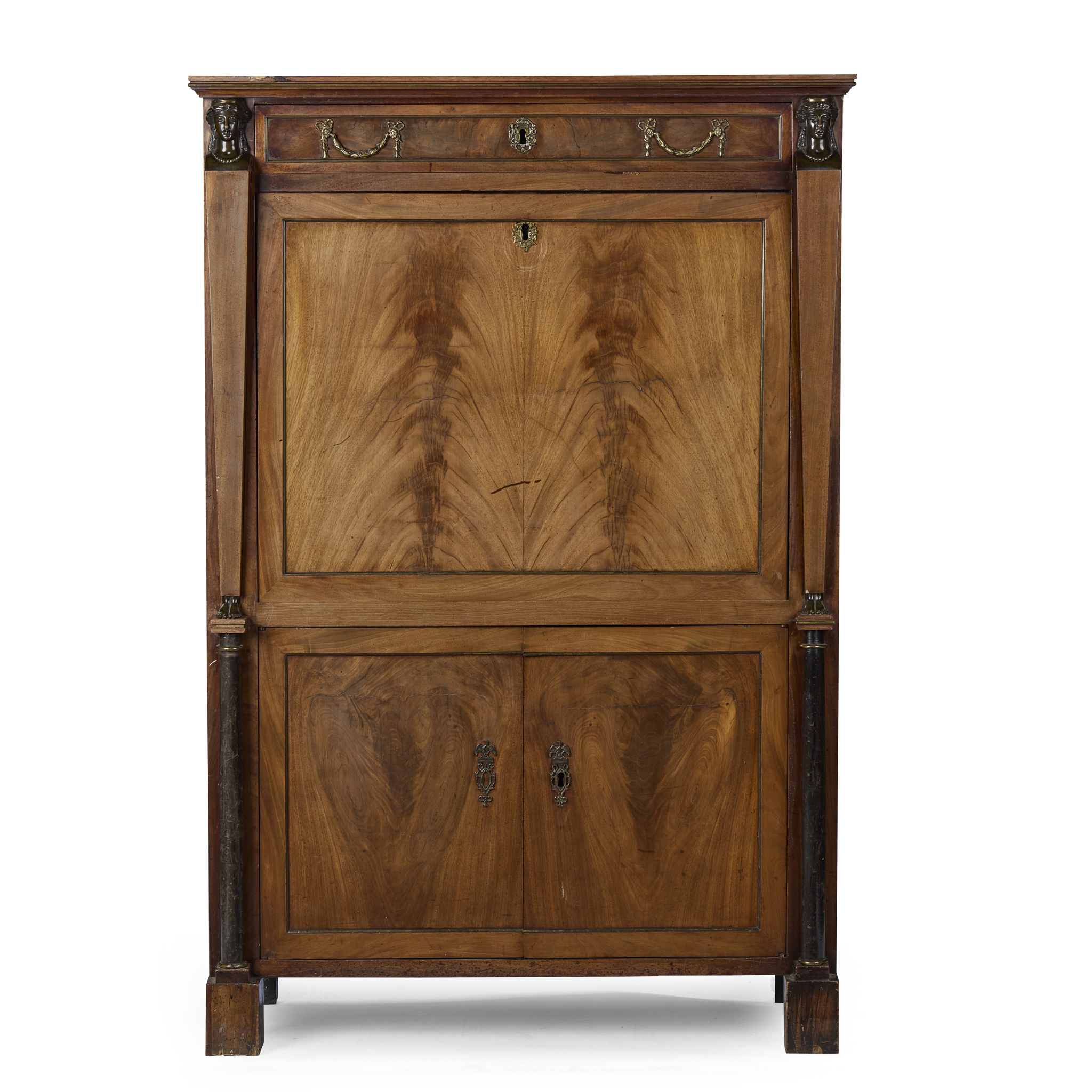 FRENCH EMPIRE MAHOGANY, EBONISED, METAL MOUNTED SECRÉTAIRE ABATTANT