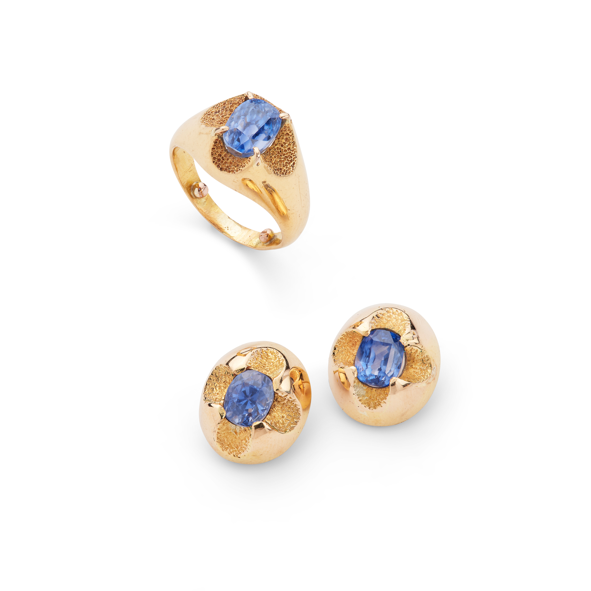 A pair of sapphire earrings and matching ring