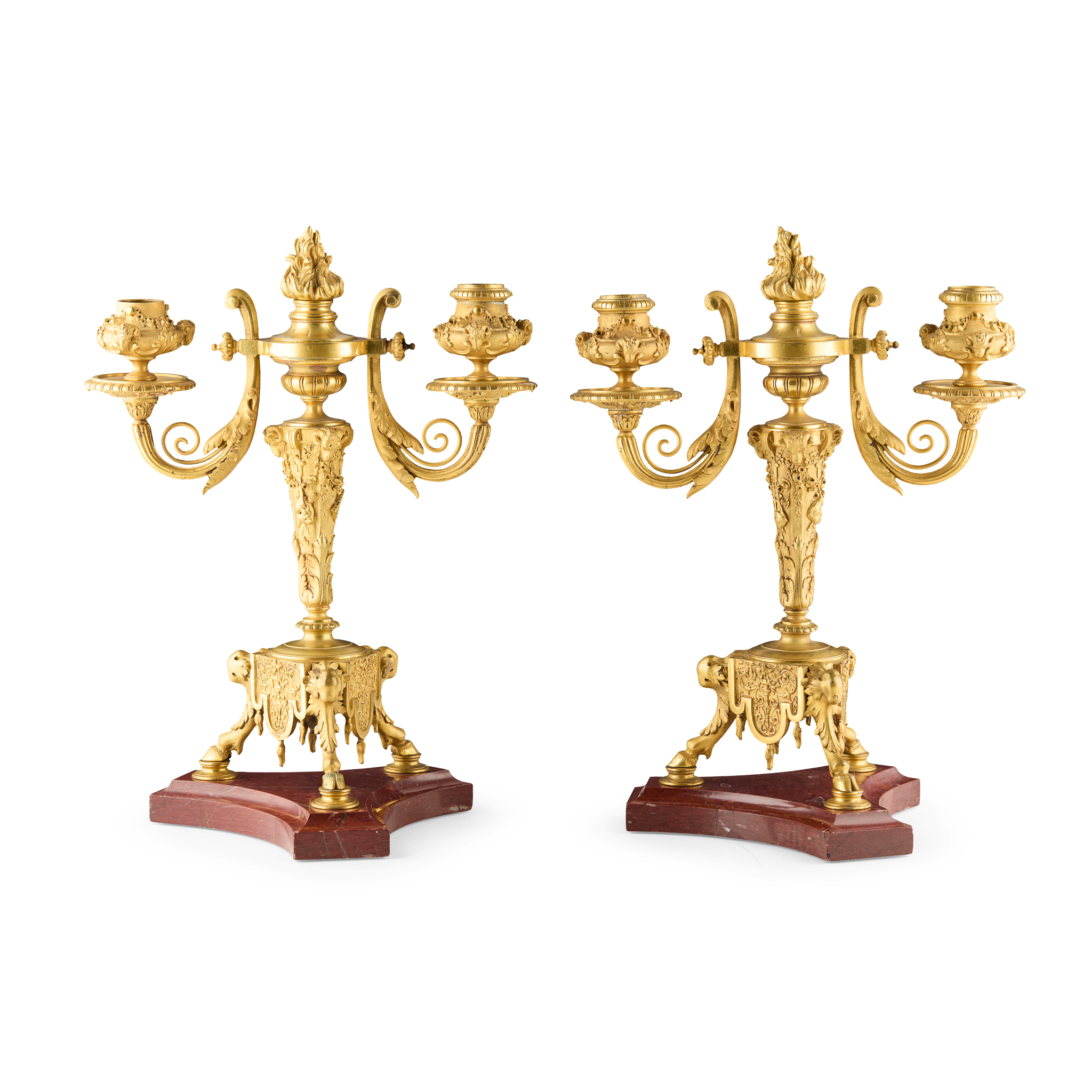PAIR OF FRENCH NEOCLASSICAL GILT BRONZE AND MARBLE CANDELBRA