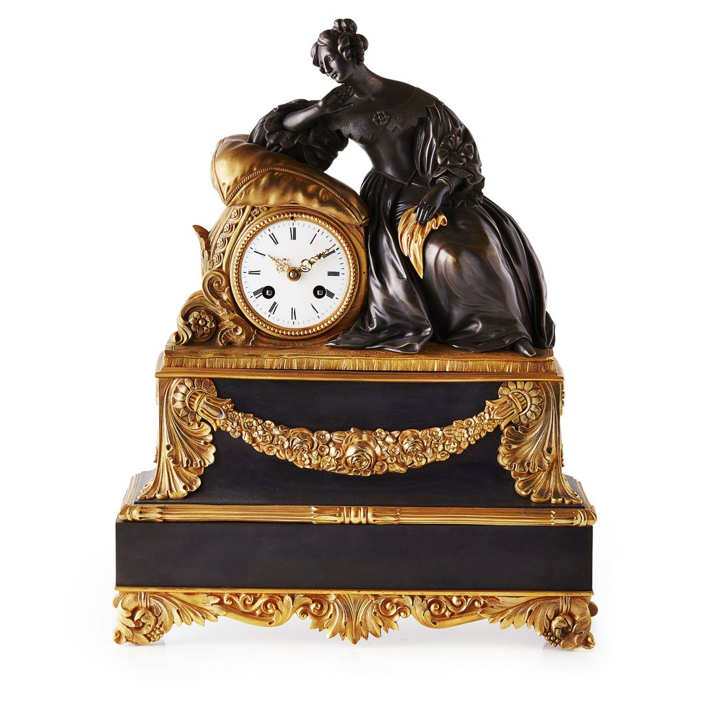 FRENCH PATINATED AND GILT BRONZE MANTLE CLOCK