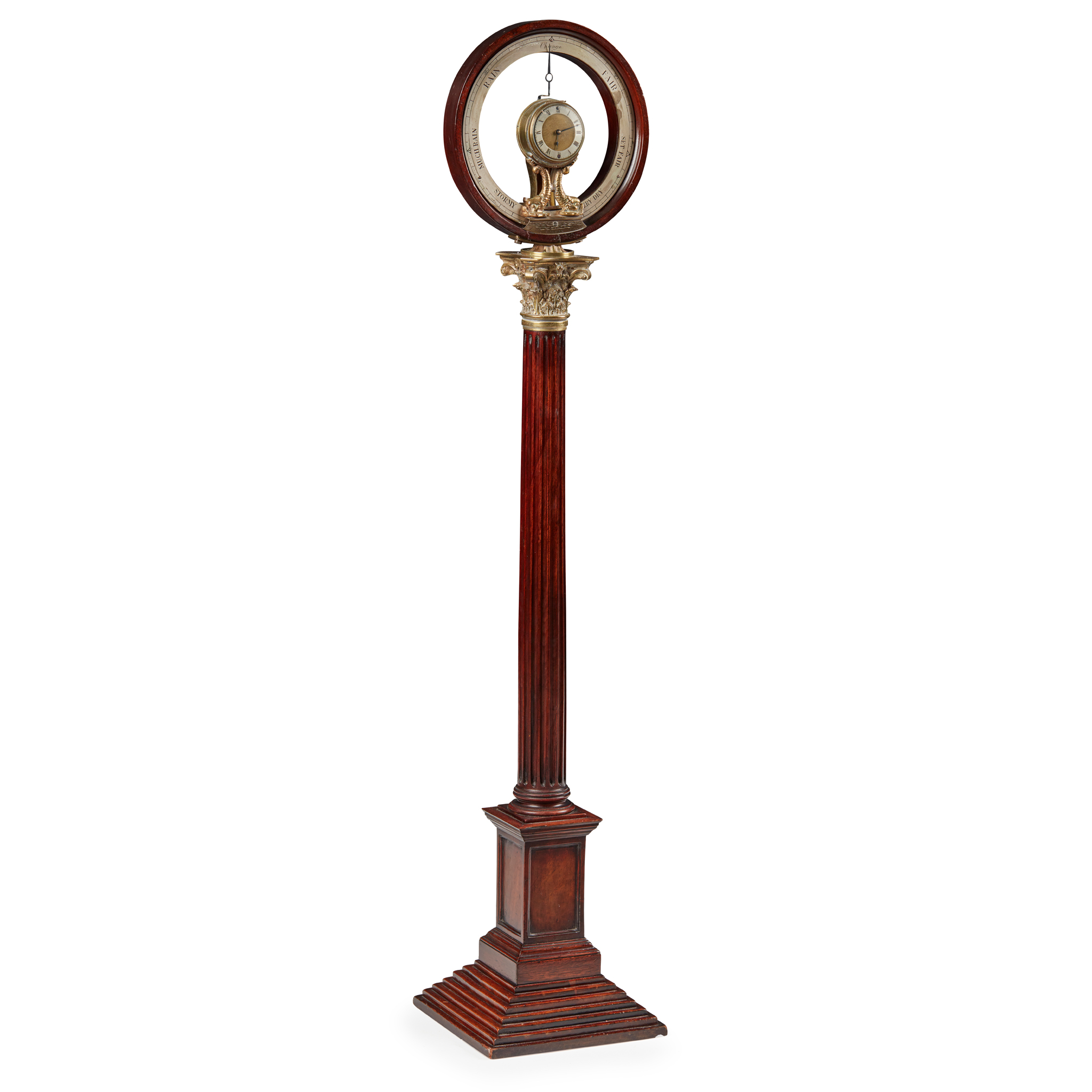 ENGLISH MAHOGANY PILLAR CLOCK AND BAROMETER, CARMAN, LONDON