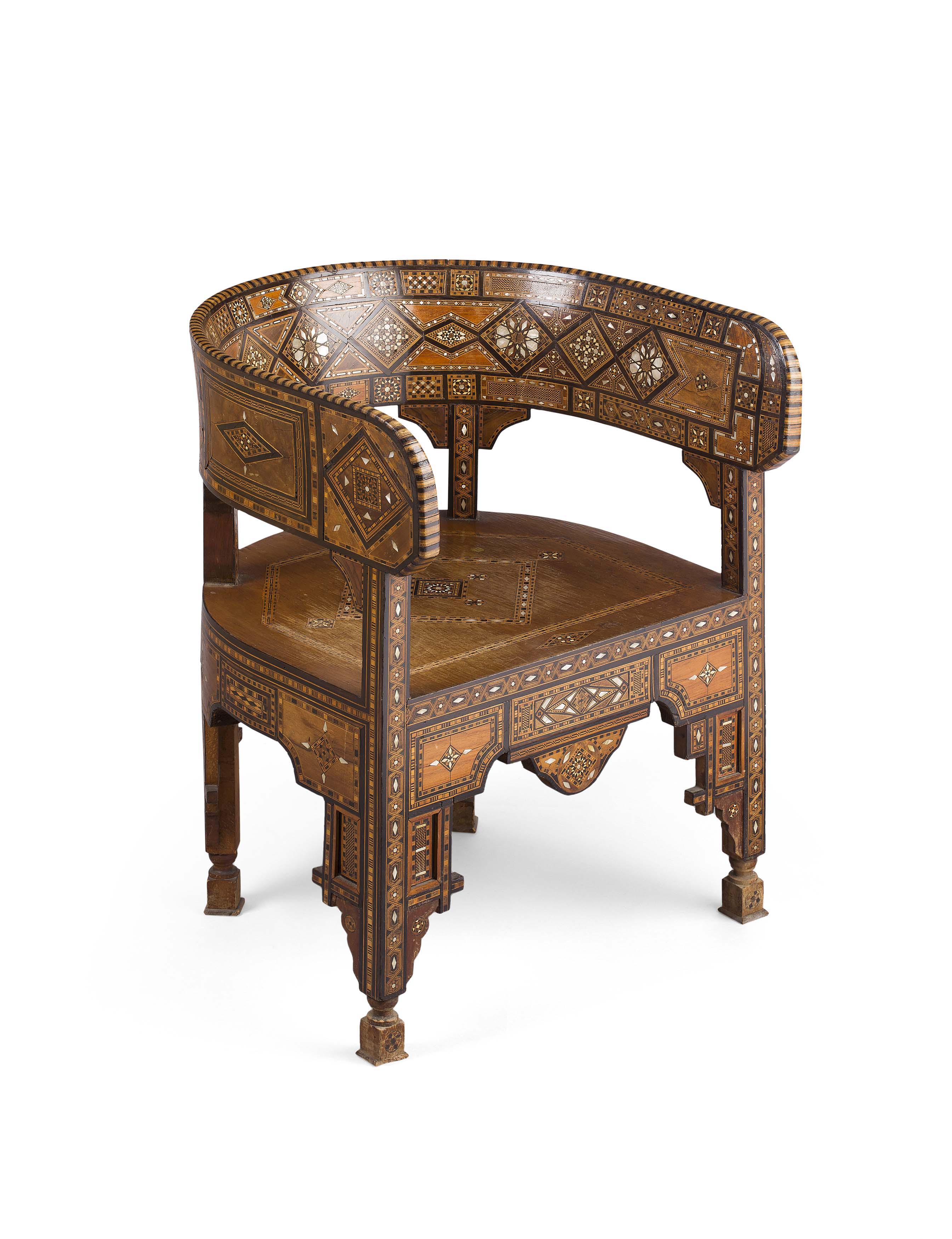 MIDDLE EASTERN MOTHER-OF-PEARL INLAID CORNER ARMCHAIR